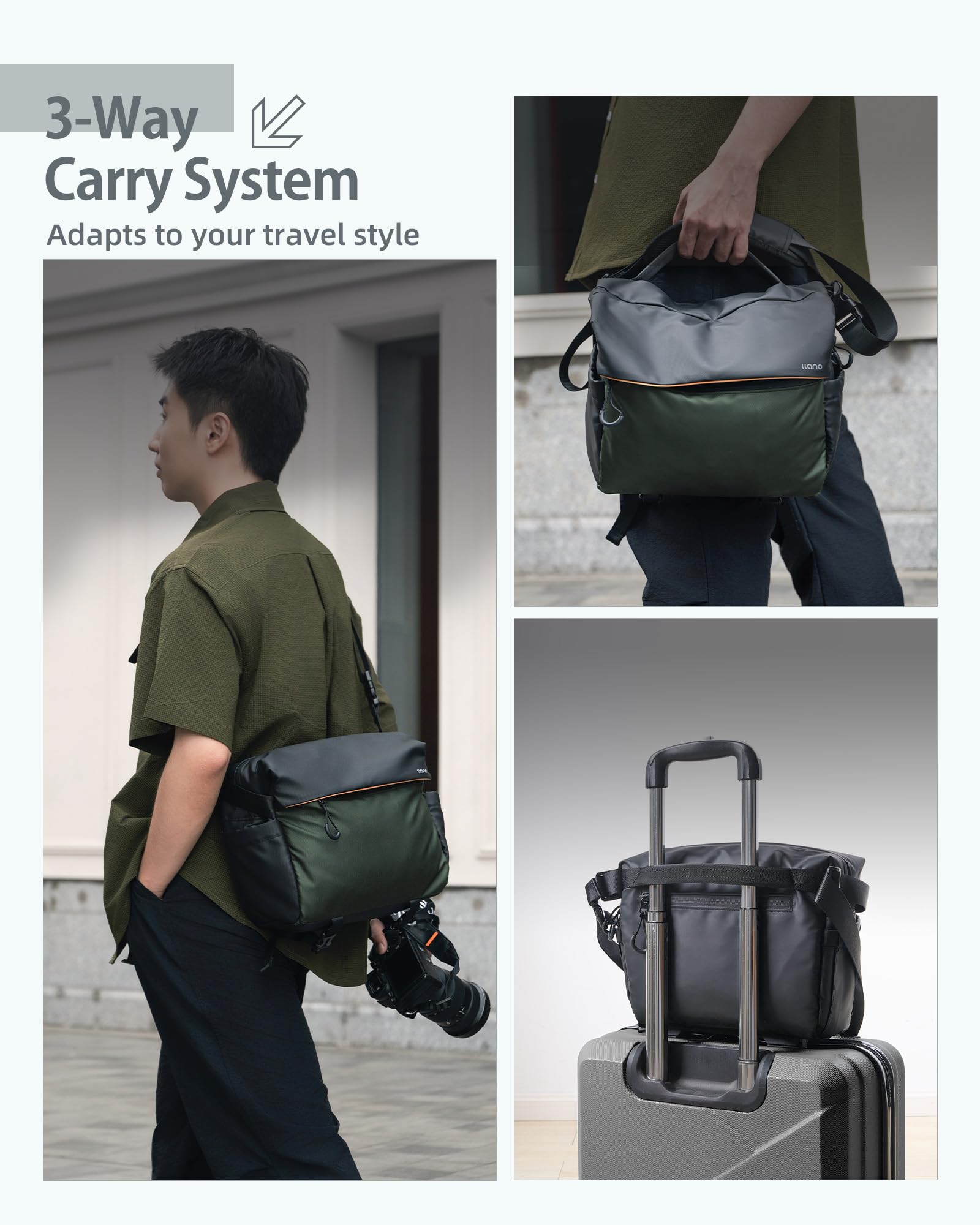 llano Borsa a tracolla per fotocamera DSLR/Mirrorless, borsa fotografica compatta crossbody con tracolla regolabile, adatta per Canon/Nikon/Sony, per 1 fotocamera, 2 obiettivi e accessori (Verde)