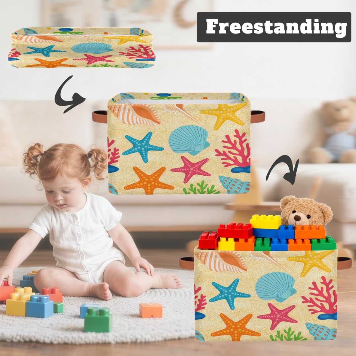 Rechteckiger Aufbewahrungskorb mit Ledergriffen, Cartoon-Sommer, Strand, Seestern, 2 Stück, faltbarer Stoff-Aufbewahrungskorb für Schrank, Badezimmer, Wohnzimmer, Büro, Spielzeug, Organizer