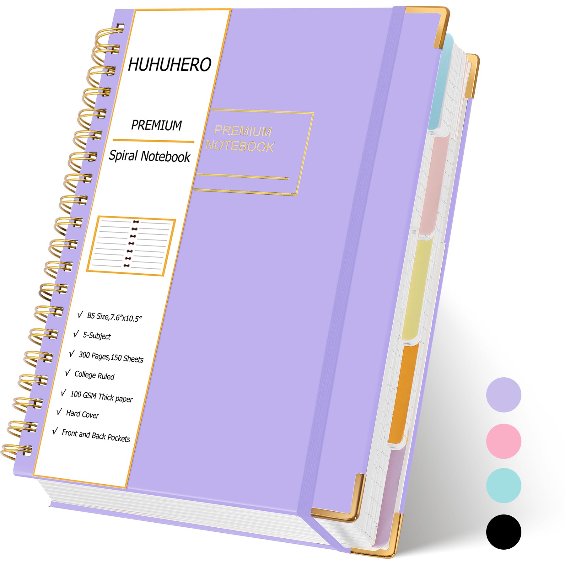Huhuhero Spiral Notebook Journal, 240 Pages 5 Subject Notebook College Ruled, 7.6" x 10.5", Cute Hardcover Lined Spiral Journals for Work School Writing Women Men, College School Supplies, Purple