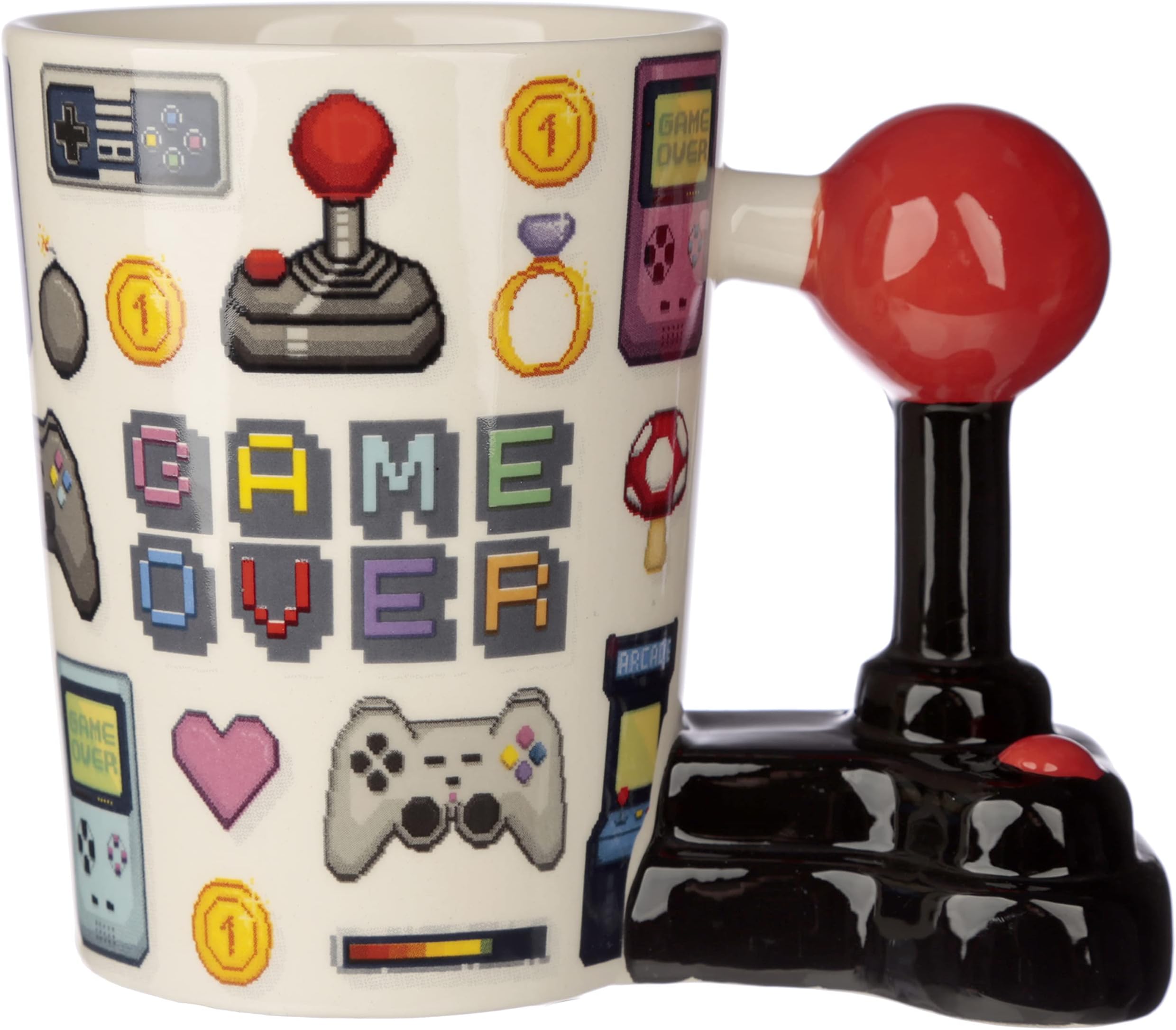 Puckator Pixel Decal Game Over Joystick Ceramic Shaped Handle Tea Coffee Mug