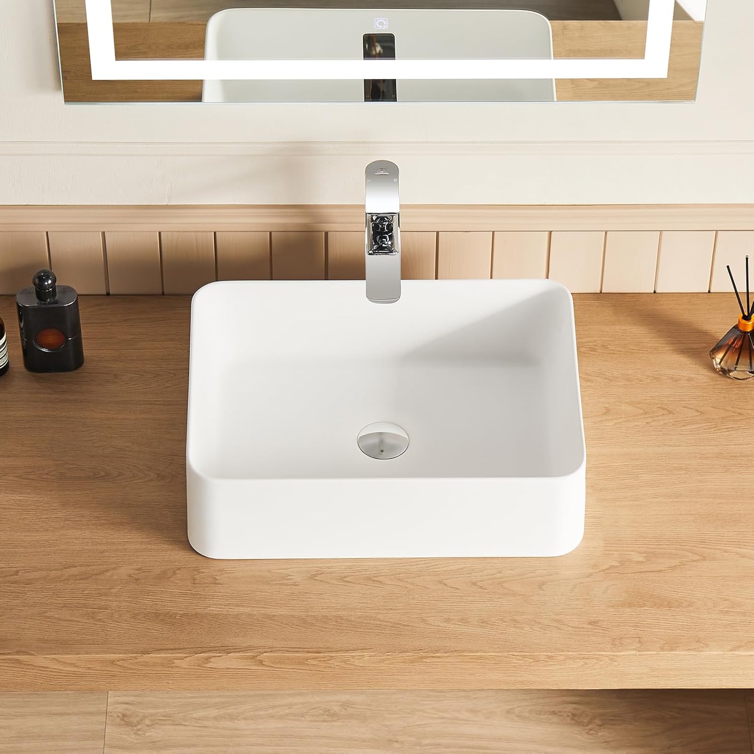 Cpingao 16" x 13" Bathroom Vessel Sink, Rectangle Basin Above Counter White Stone Resin Small Vanity Sink Washing Art Sinks With Pop-up Drain