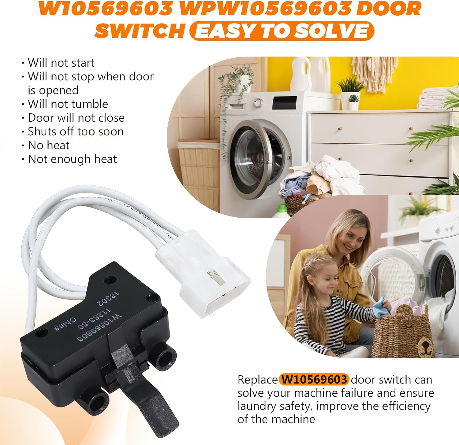 W10569603 Dryer Door Switch by Blutoget - Compatible for Whirlpool May-tag Ken-more Crosley Dryer & Washer Dryer Switch - W10569603 Door Switch Replace AP6023103 WPW10569603 PS11756443 EAP11756443