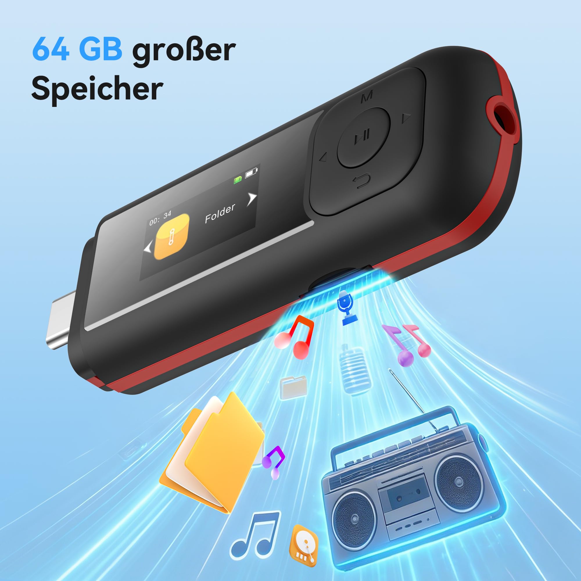AGPTEK 64 GB USB-C MP3-Player, Tragbar 2-in-1 Typ-C- und USB-Musikplayer, USB Stick mit UKW-Radio, Aufnahme (Kein Bluetooth Unterstützung für Handy Verbindung