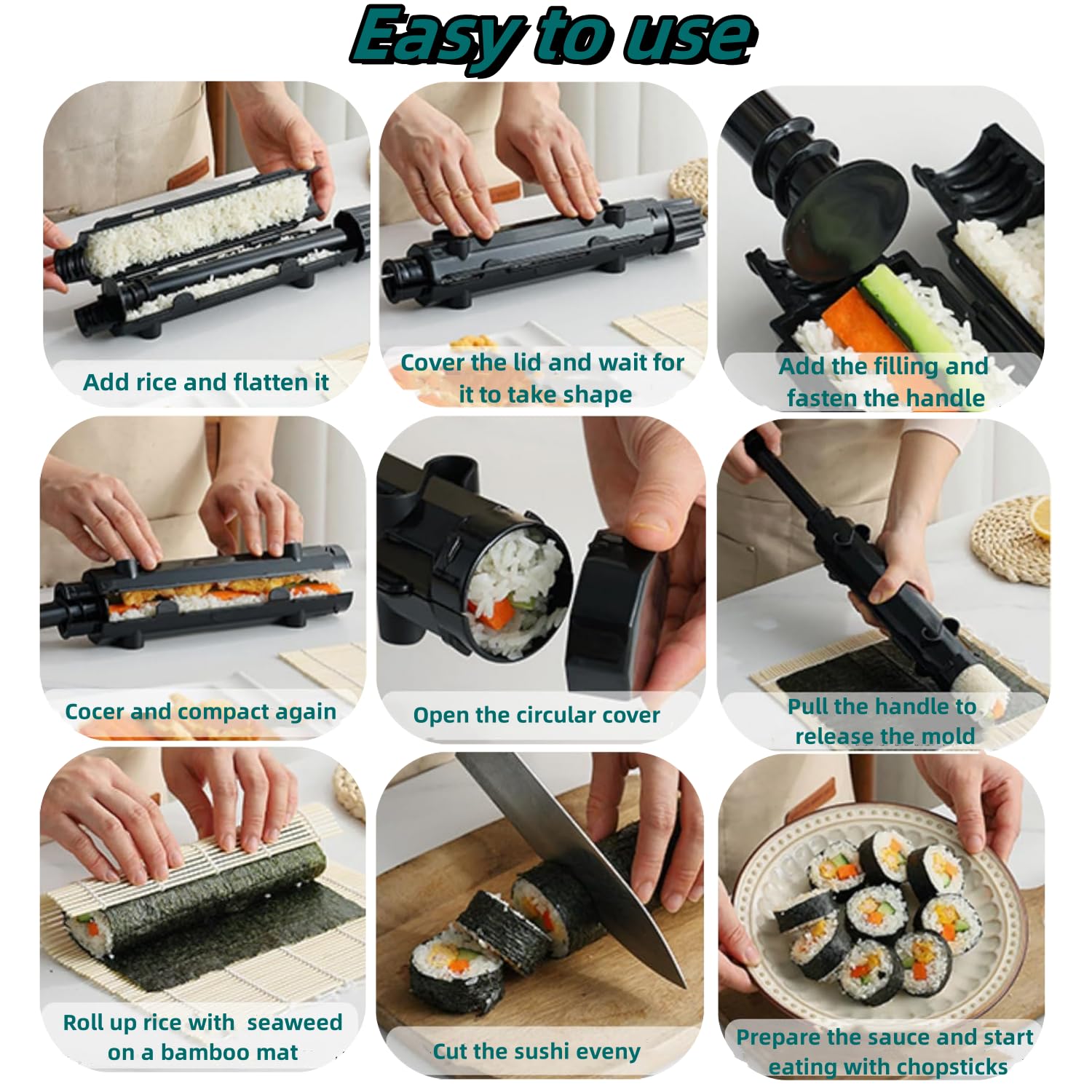Set per la Preparazione di Sushi, 2-Piece Maker Sushi con Tappetino in Bambù, Strumento per Rullo fai da te per Principianti a Casa (Nero)