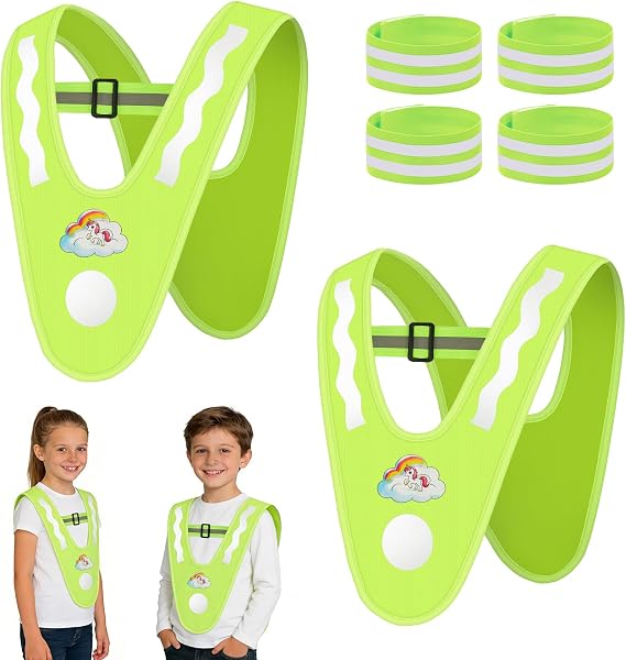 Gilet de Sécurité pour Enfant, 2 Pièces Gilet de Haute Visibilité avec 4 Brassard Réfléchissant, Gilet Fluo Réfléchissant Enfant, Idéal pour le Cyclisme Nocturne, le Jogging et la Randonnée - 1