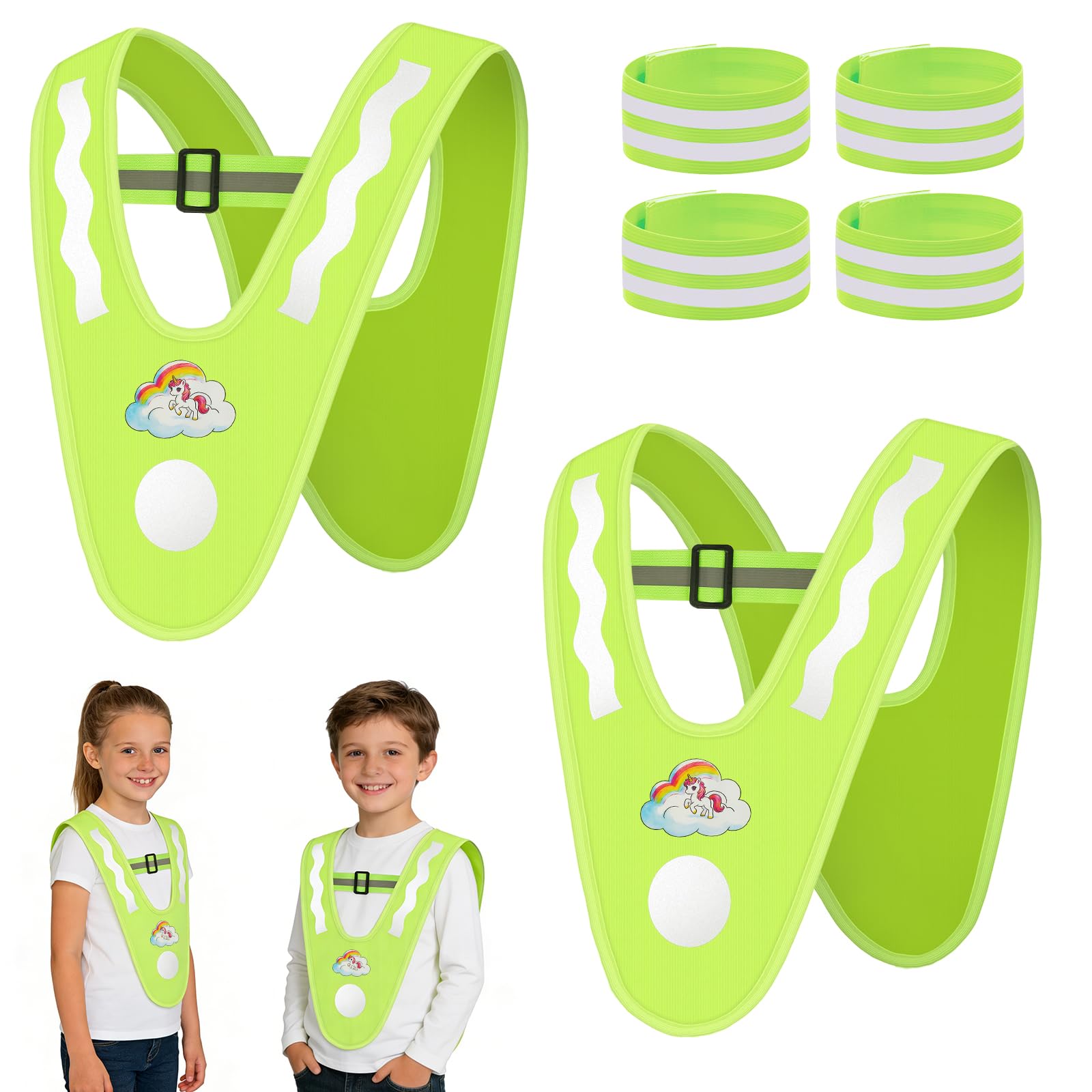 BSBUY 2 Pieces Hi Vis Vests for Kids Children's Reflective Safety Vests V-shaped High Visibility Fluorescent Vest Waistcoat with 4PCS Armband for Running Cycling Camping Hiking(Rainbow Pony)
