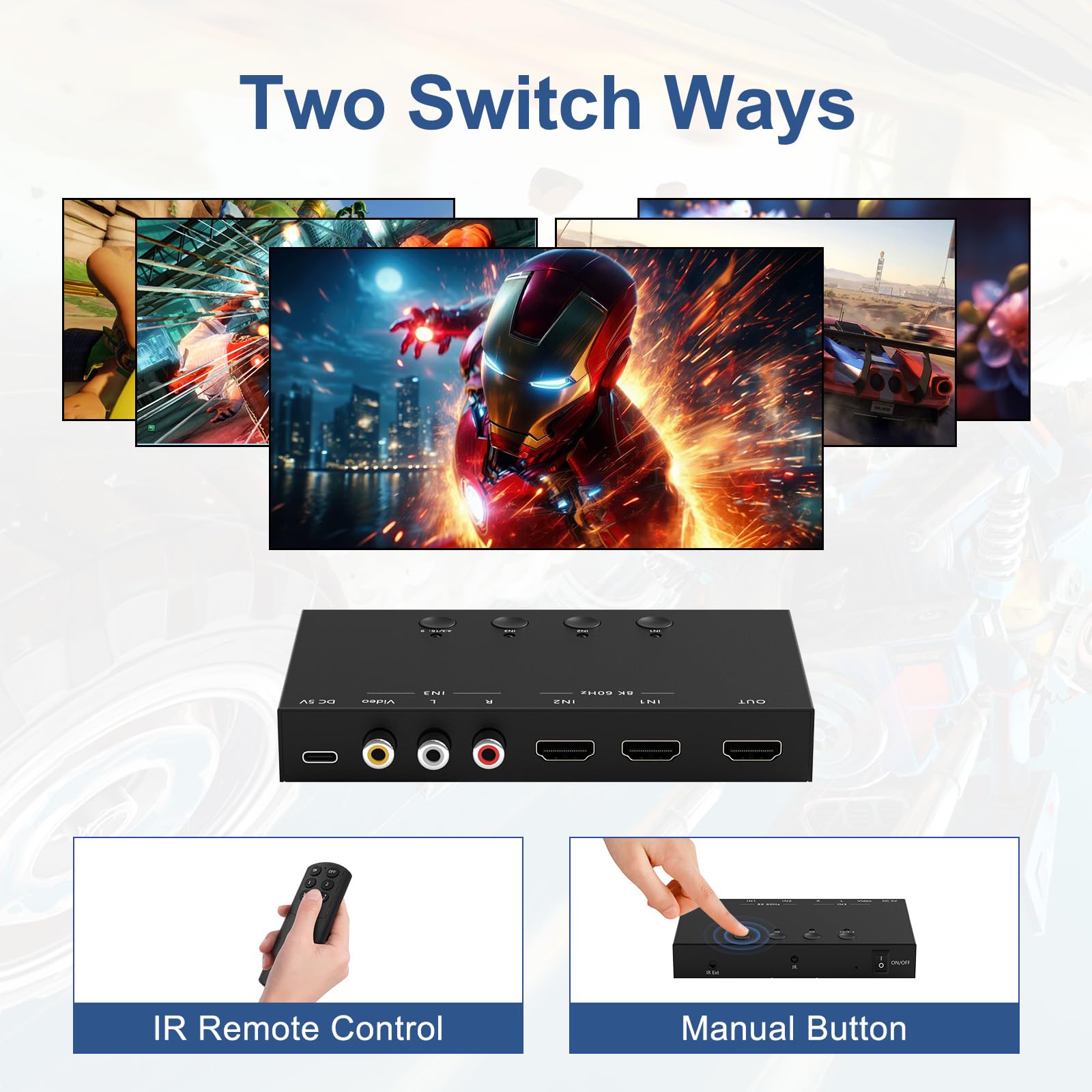 Commutatore RCA/HDMI 8K 60Hz 3x1, adattatore HDMI 2.0 a 2 vie + 1 convertitore da RCA a HDMI, rapporto schermo 4:3/16:9, supporto 3D per PS1/2/3/4/5, N64, SNES, Switch, DVD, Roku, Fire Stick