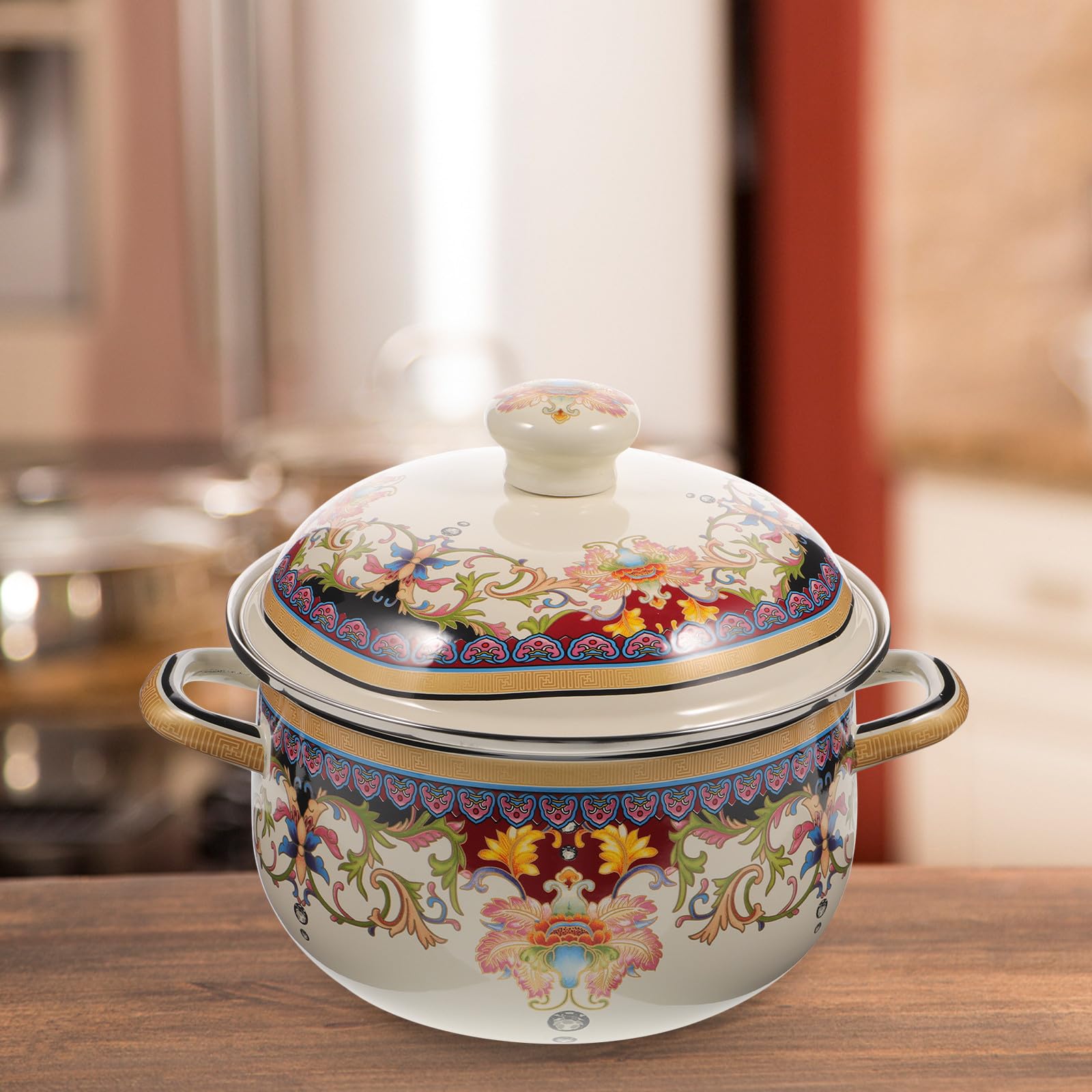 Vintage Emaille Kochtopf mit Deckel Dicker Suppentopf mit Doppeltem Griff Geeignet für Herdarten und Backofen Leicht zu Reinigen und Hitzebeständig