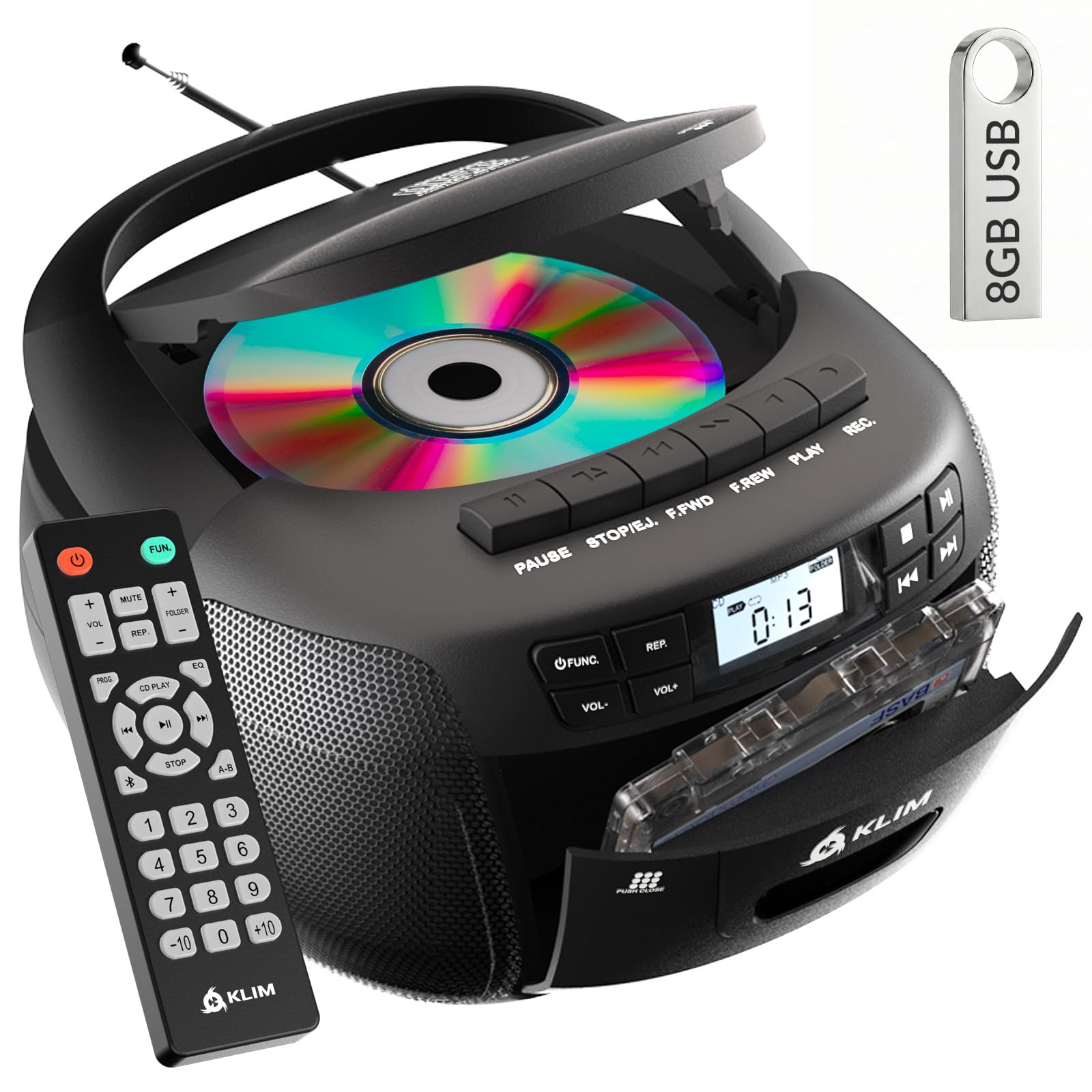 Photo 1 of KLIM CD Player & Cassette Tape Player with Case, Bluetooth Boombox, AM/FM Radio, Stereo Sound, Remote, CD and Cassette Combo, Tape Recording, USB Drive, AUX, AC/DC Powered