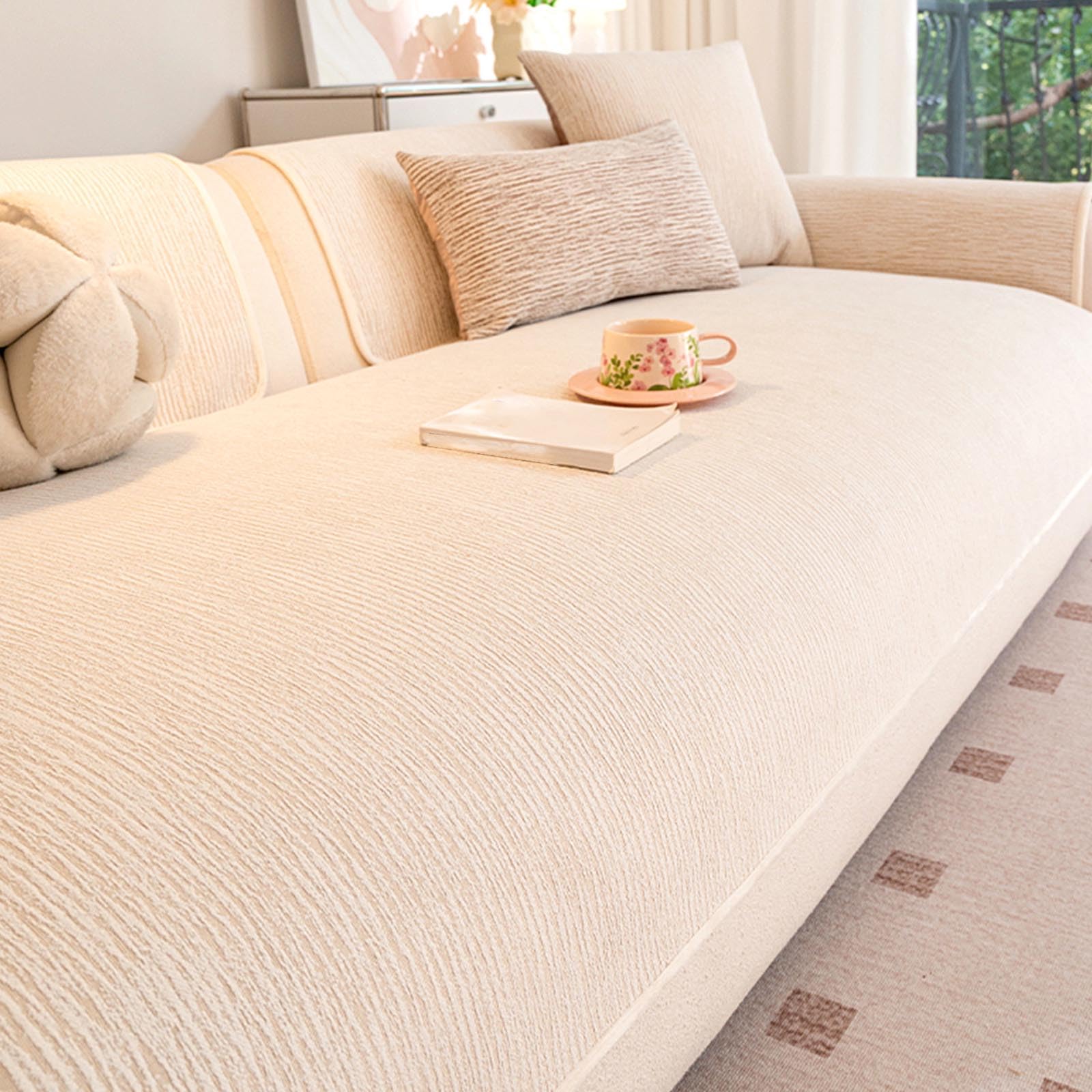 Housse protection canapé cuir tissu chenille beige | Revêtement antidérapant rayé