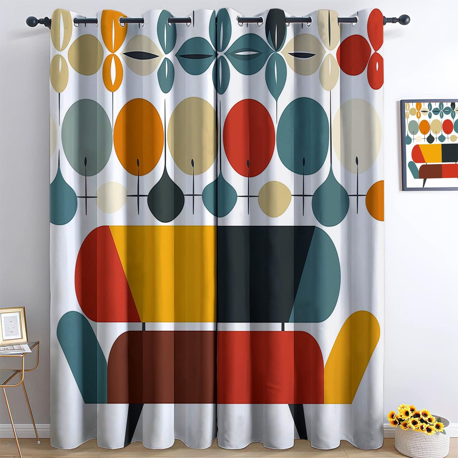Rideaux Occultants Isolants Anti-Froid 91.5L X 160H cm (2 Panneaux), Design Géométrie Rétro, Tenture à Œillets Opaque pour Salon et Chambre, Coloré