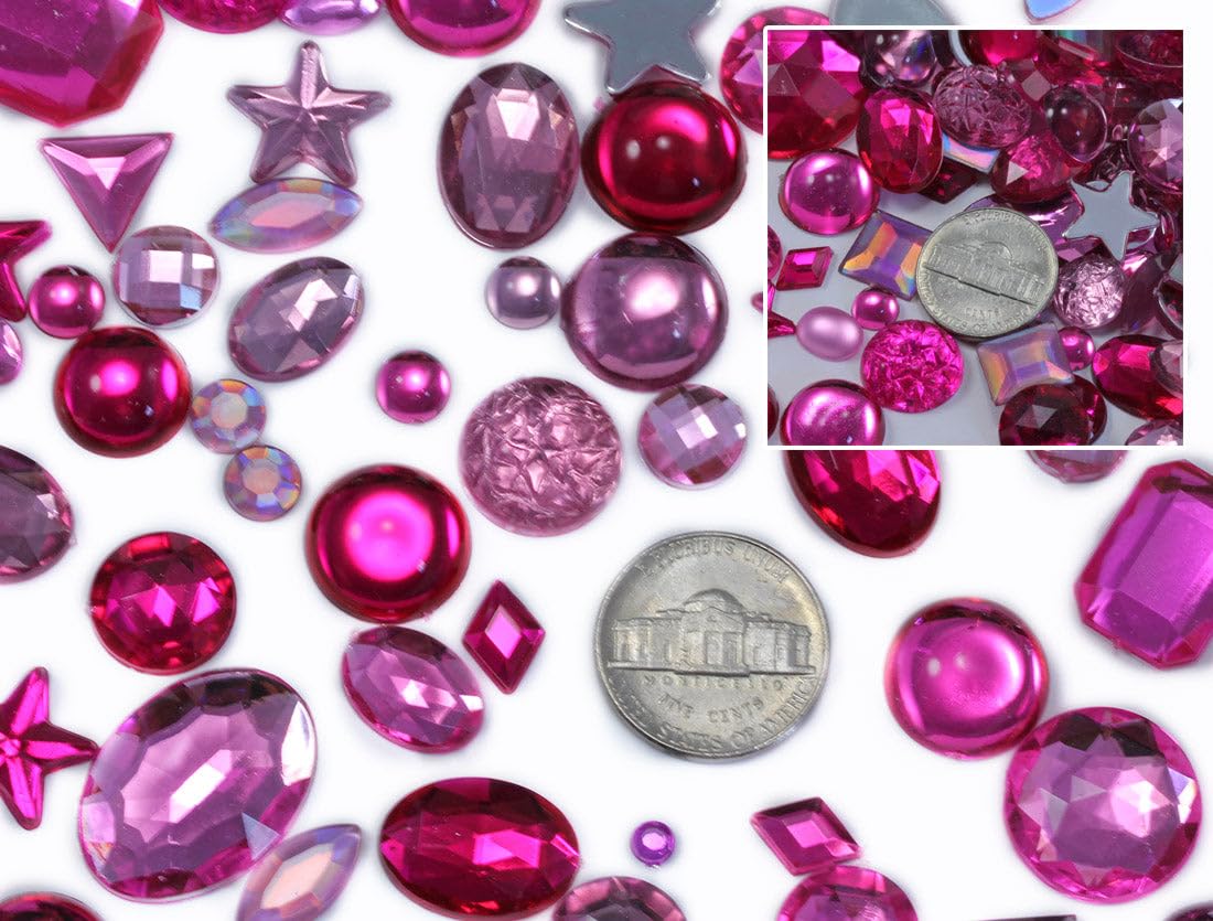 Allstarco Pink Crafting Gems in Bulk, Acrylic Flatback Rhinestones, Assorted Sizes & Shapes, Cosplay Embellishments