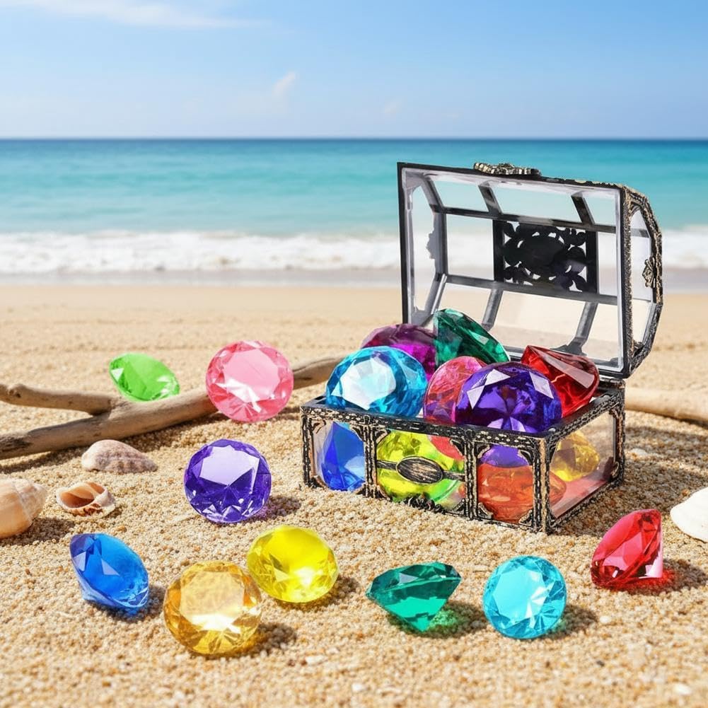 Diving Toys for Kids,Diving Gem Pool Toy,Seek Treasure Chest Water Dive Game with 10PC Sinking Gems,Outdoor Swimming Treasure Box Playset, Fun Summer Swim Party Gifts for Toddlers Kids
