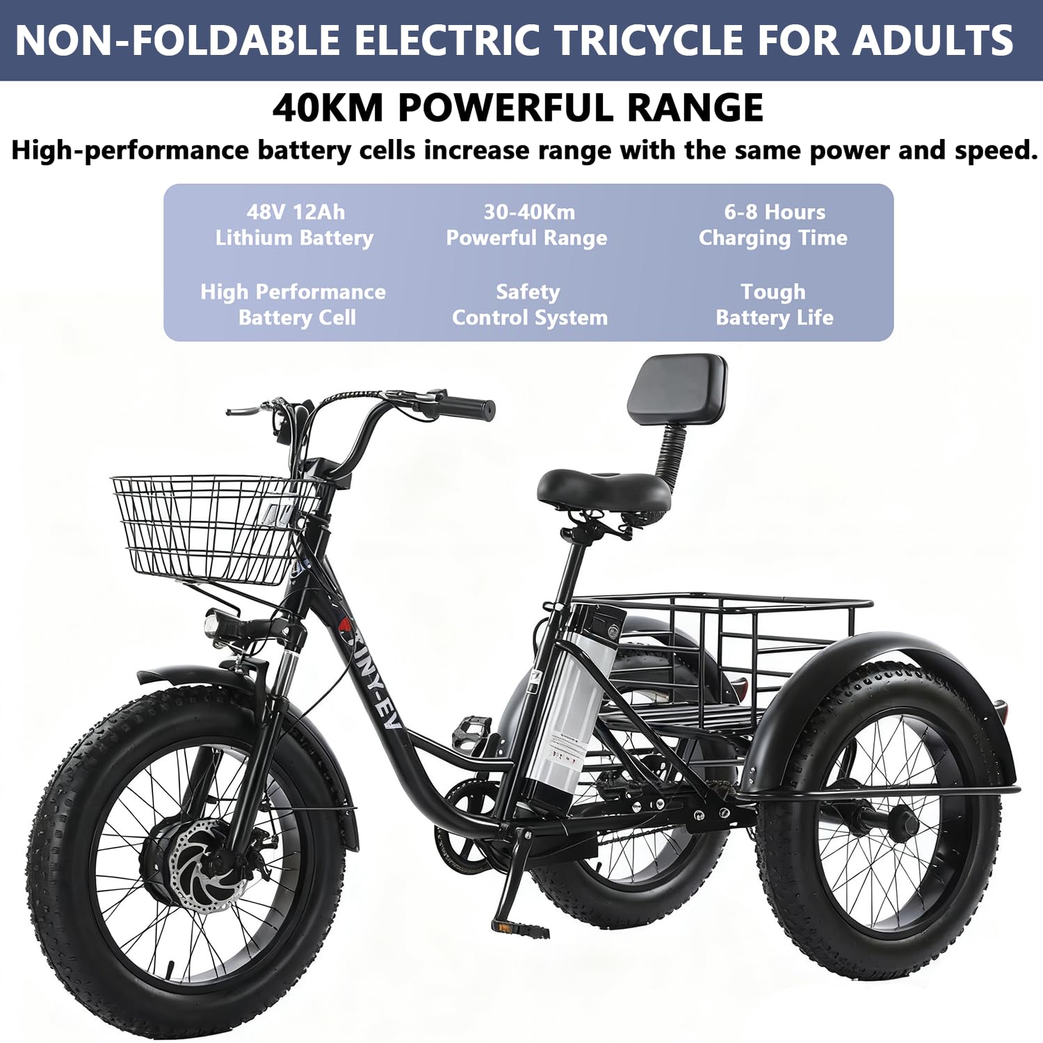 Triciclo Elettrico Adulti 20"x4.0" Fat Tire – 48V 12Ah Batteria Rimovibile, 350W Motore, Triciclo Elettrico da Carico Non Pieghevole con Sospensioni, Cestino, Autonomia Fino a 40km