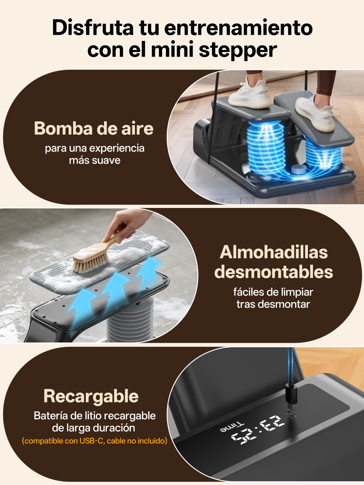 JOROTO Stepper de Resistencia de Aire para Casa, Mini Stepper con Intensidad Ajustable de 5 Niveles + Bandas, 300 LBS/136 KG, Silencioso, Pantalla LED Recargable, para Apartamento & Home Gym