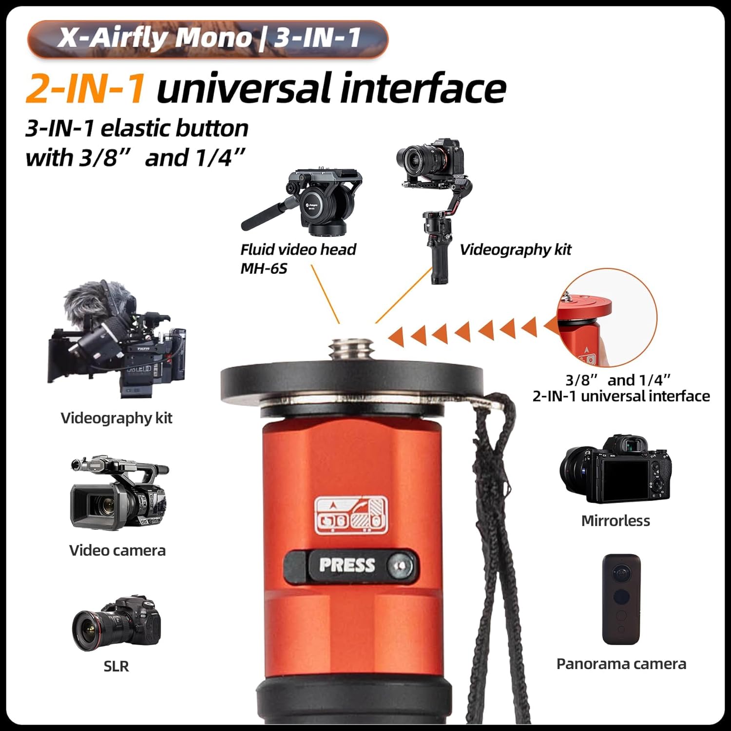 Fotopro Carbon Fiber Monopod 73inch Professional Travel Monopod with Pedal Max Load 22lbs for DSLR Camera X-Airfly Mono Orange