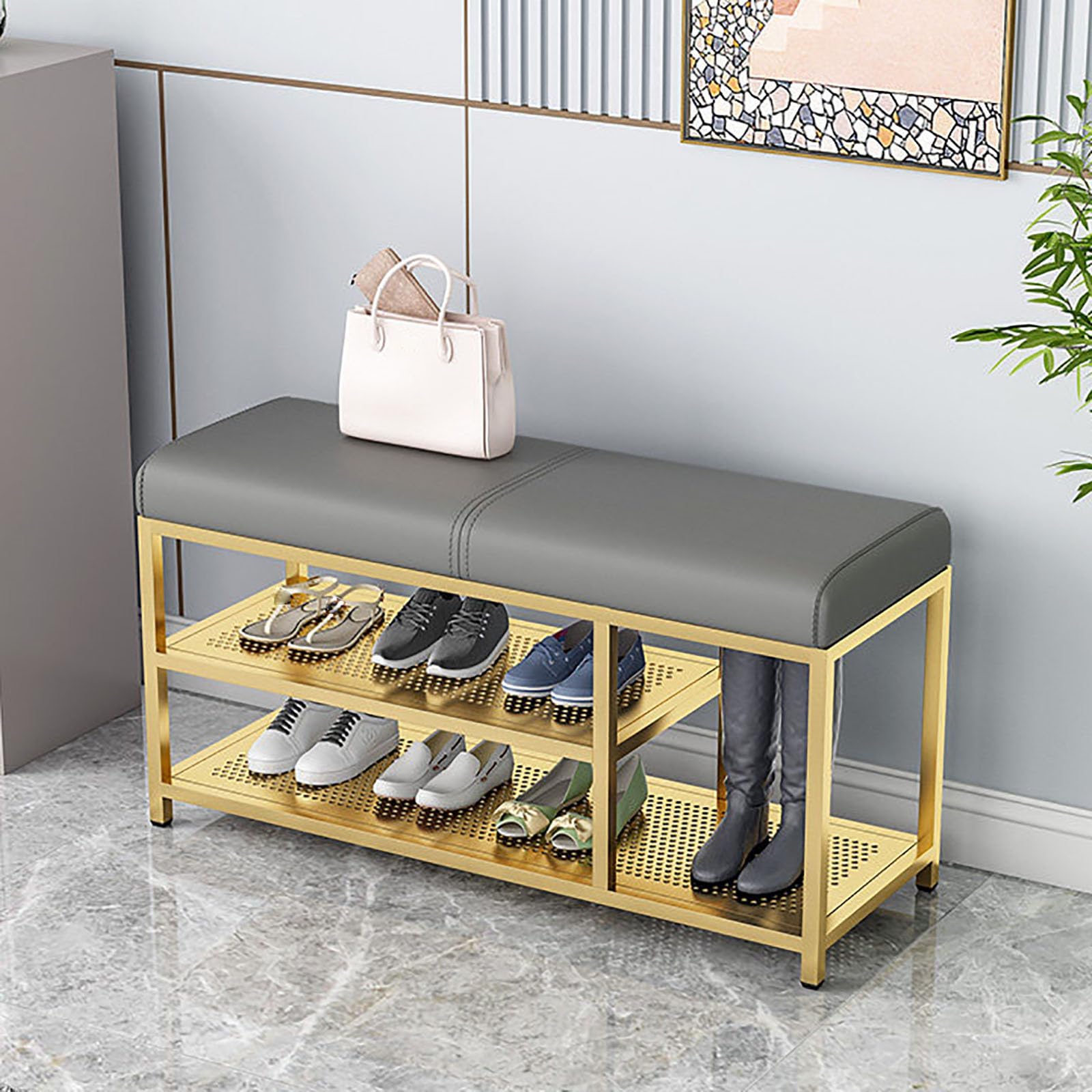 Banc de rangement entrée avec assise PU et étagère métal stable