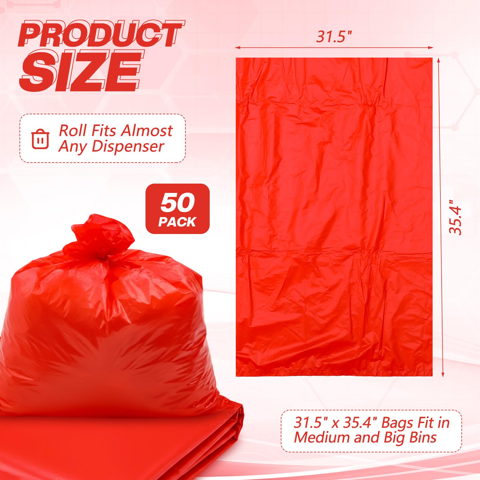 Feifeiya Paquete de 50 bolsas de basura de riesgo biológico de 30 galones, color rojo, bolsas de basura de 31.5 x 35.4 pulgadas, sin fugas, para uso hospitalario, eliminación de residuos infecciosos