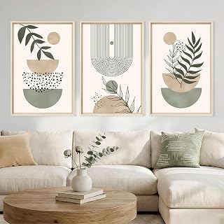 LHIUEM Large Boho Sage Green Framed Canvas Wall Art,Neutral Geometric Line Wall Decor,Minimalist Botanical Leaf Painting, Abstract Beige Artwork for Living Room,Bedroom,Dining Room -16"x24"x3