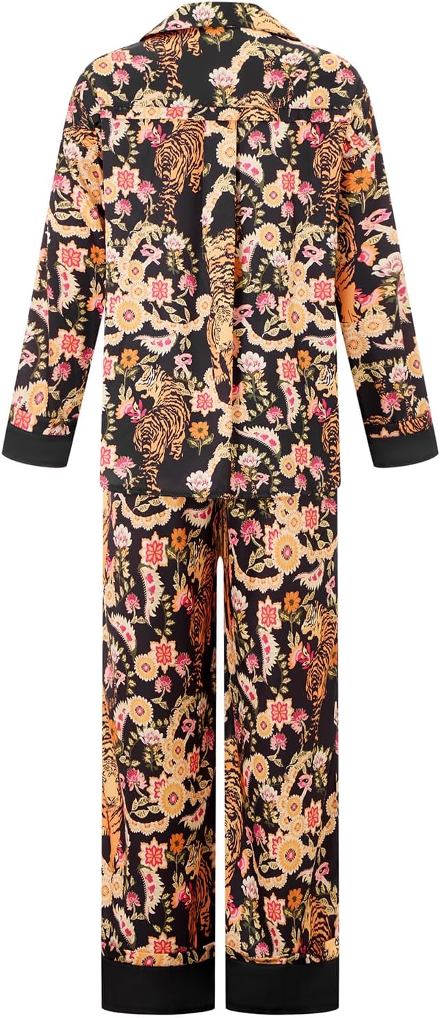 Women Floral Satin Pajama Set Y2k Long Sleeve Button down Shirt Wide Leg Pants 2 Piece Silk Lounge Sleepwear - Image 5