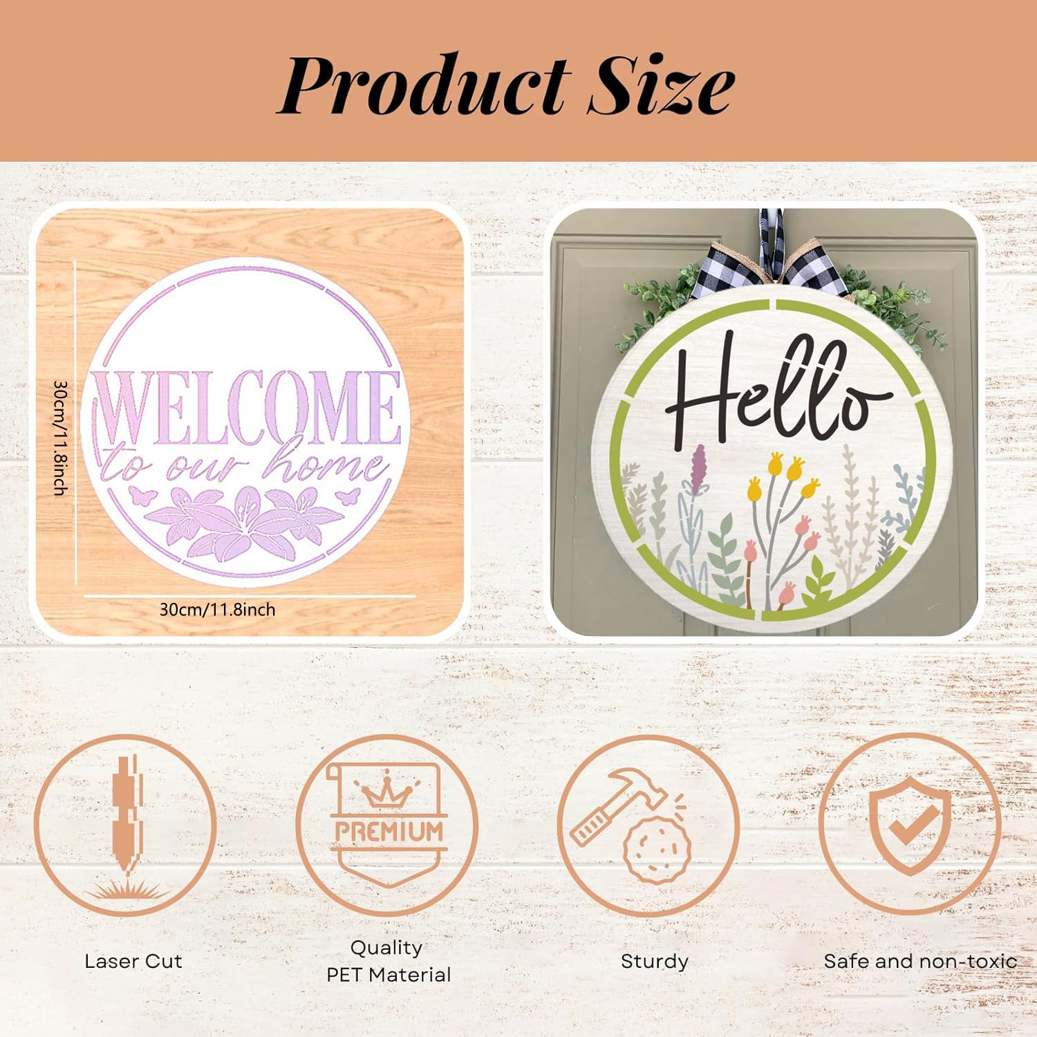 SoulQool 9 Pcs Welcome Stencils for Painting on Wood 12IN Round Stencils for Painting on Wood,Large Stencils for Crafts Reusable Drawing Templates for Door Hanger Porch Wood Sign - Image 3