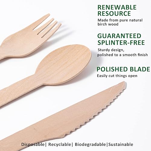 Miniatura 4 de Cuchillos de madera desechables de 6.5 pulgadas de largo, paquete de 100 cubiertos de madera natural biodegradables ecológicos para fiestas,