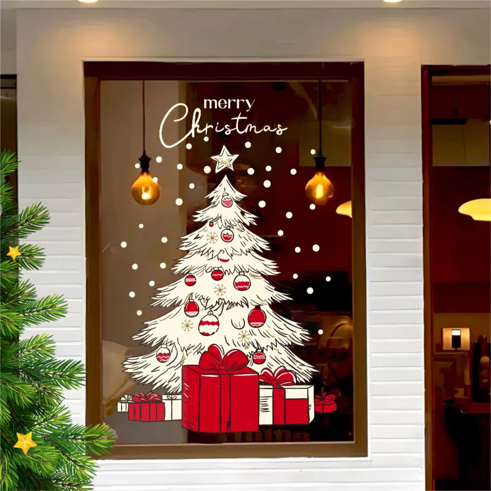 Décoration noel Autocollants de fenêtre de Noël aquarelle grand arbre de Noël autocollants de fenêtre réutilisables for les fournitures de bureau à domicile sticker noël fenetre(Très très grand)