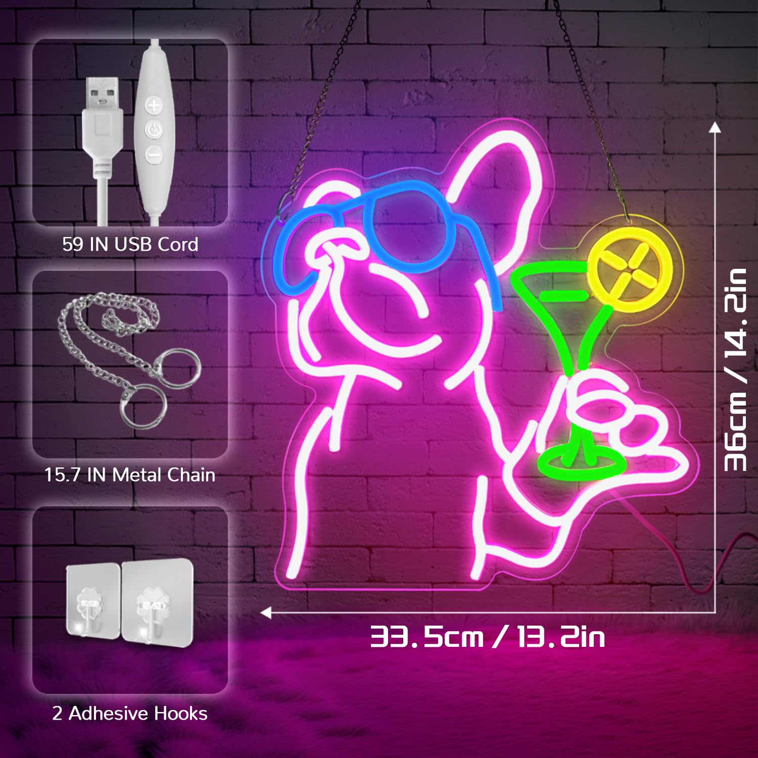 Lxmoneon French Bulldog Drink Neon Sign Cocktail Led Signs for Wall Decor Dog Martini Neon Light Bar Signs for Home Bar Kitchen Restaurant Club Pub Man Cave French Bulldog Gifts - Image 2