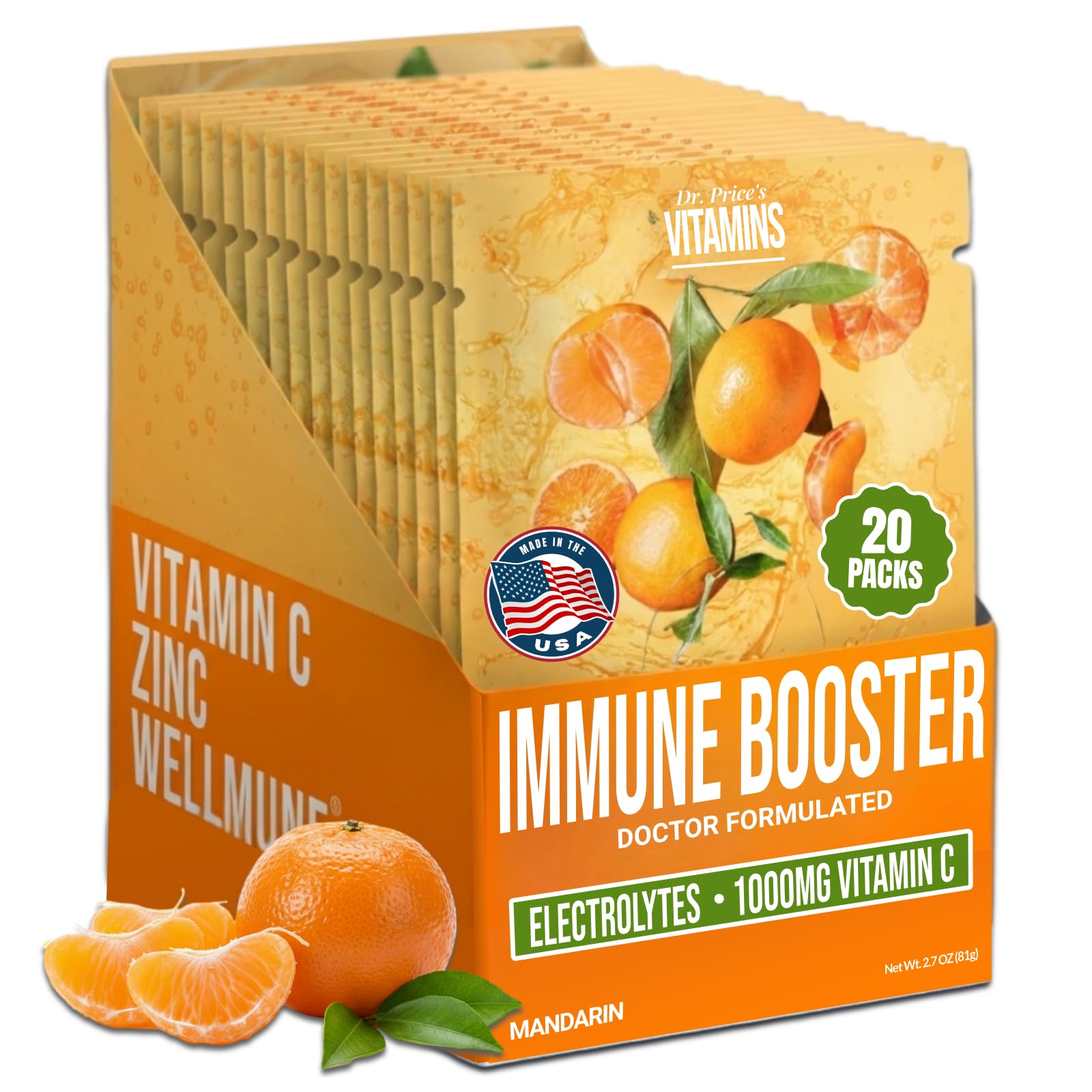 Dr. Price’s Electrolyte & Vitamin C Powder Packets – Immune Support, Mandarin, 20 Packs | 1000mg Vitamin C + Zinc, 72 Trace Minerals | Sugar-Free, Doctor-Formulated for Kids & Adults, Made in USA