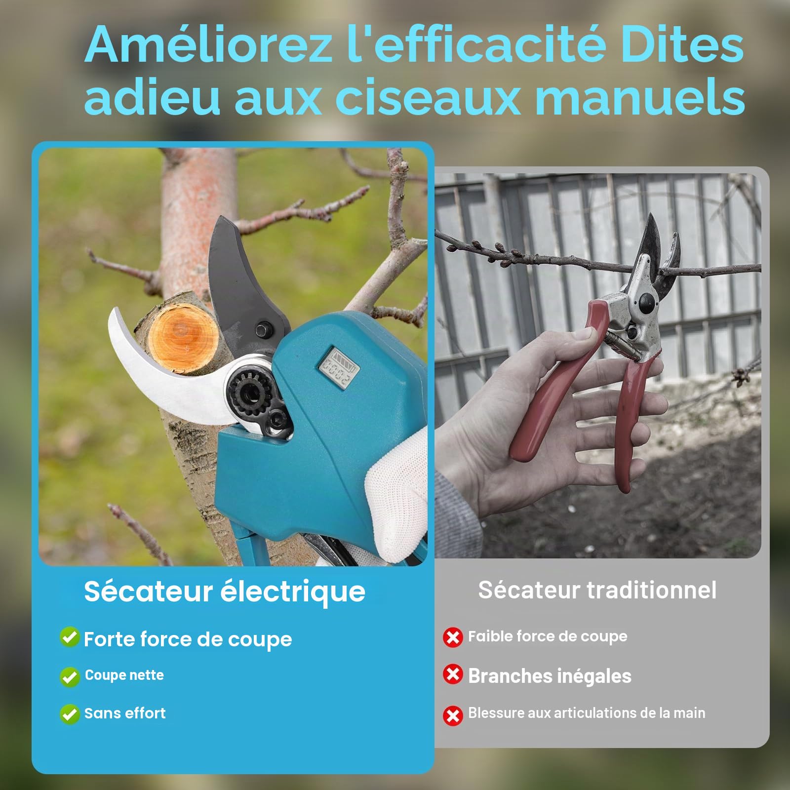 secateur electrique sans fil 50 mm : sécateur à batterie avec écran, 2 batteries de 2000 mAh, 2 lames SK5, 3 tailles d'ouverture (20/30/50 mm) pour vergers, jardins et fermes