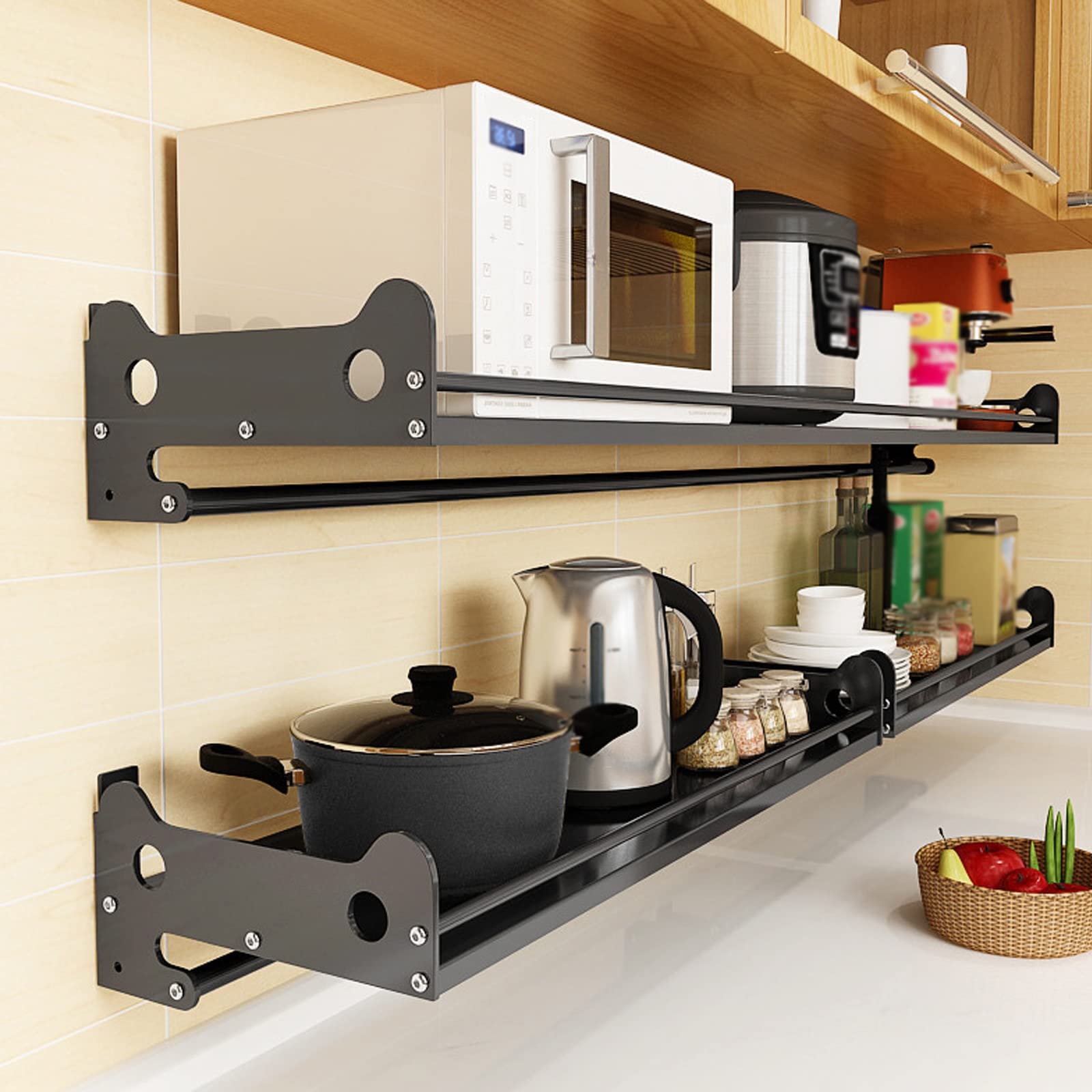 HJXGQJM Acero Inoxidable Soporte for Microondas, Montaje En Pared Escuadras Estanterias,Estante De Horno De Microondas Estante De Frasco De Especias con 5 Ganchos,Negro Estante de Microondas(50x25cm)
