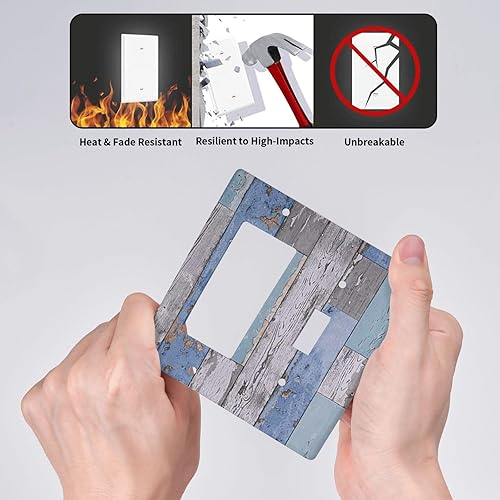 Miniatura 5 de Tablón de madera vintage gris azul rústico granero de 2 bandas, combinación de interruptor de luz, cubierta de placa frontal eléctrica, placa