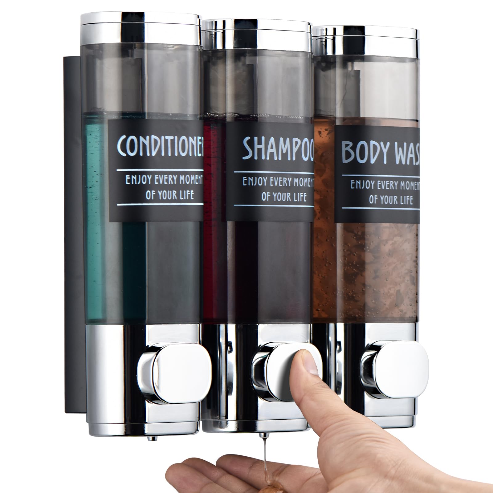 Shampoo and Conditioner Dispenser,GlintGath Shower Dispenser 3 Chamber No Drill Shampoo Dispenser for Shower Wall Mounted Shower Soap Dispenser for Bathroom Hotel,3 * 300ML,Chrome — image 1