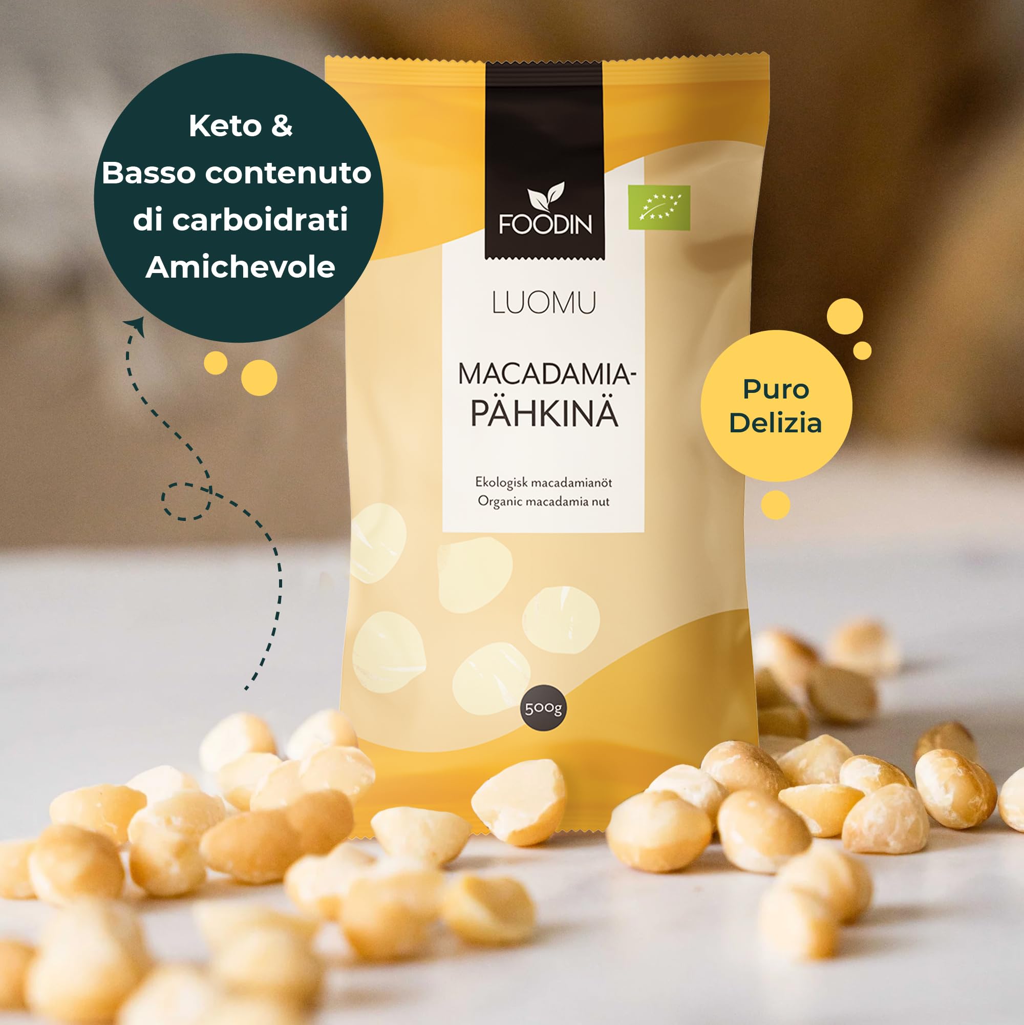 FOODIN Noci di Macadamia Biologiche 1kg – Frutta secca cruda e naturale, senza glutine e vegana. Ricche di grassi insaturi, ideali come snack o per ricette dolci e salate (2x500g)