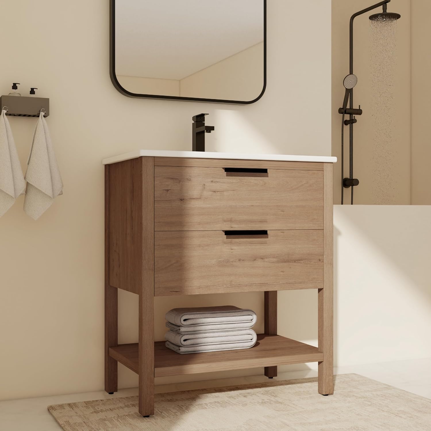 30 Inch Freestanding Bathroom Vanity with Sink, 30" Vanity with Drawers and Open Storage Shlef, Solid Plywood Wooden Cabinet, Ceramic Basin Sink Top, Modern Floor Stand Cabinet Set(Oak)