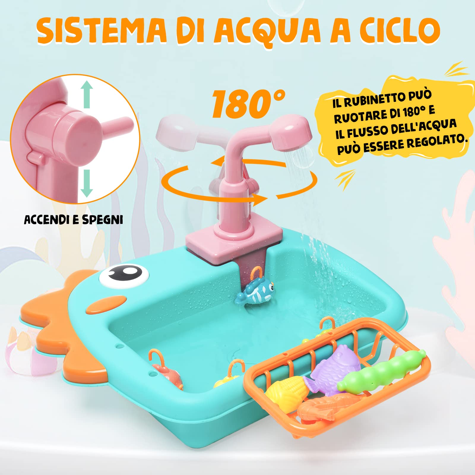 Giocattolo del Lavandino della Cucina Giocattoli da pesca,Giocattolo da Cucina Multifunzionale con Rubinetto Elettrico Aggiornato,Giocattoli educativi intelligenti per bambini 3 ai 6 Anni