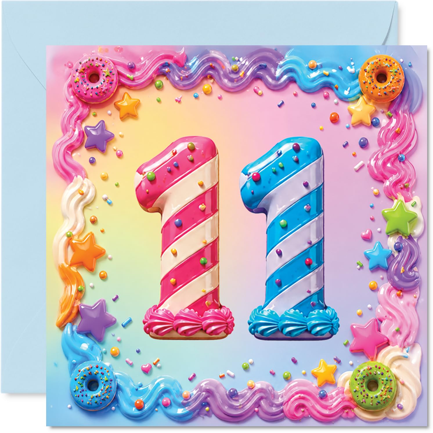 Playful 11th Birthday Card - Bright Birthday Cheer - Colourful Striped '11' with Donuts, Stars and Sprinkles - 145mm Square, Envelope Included