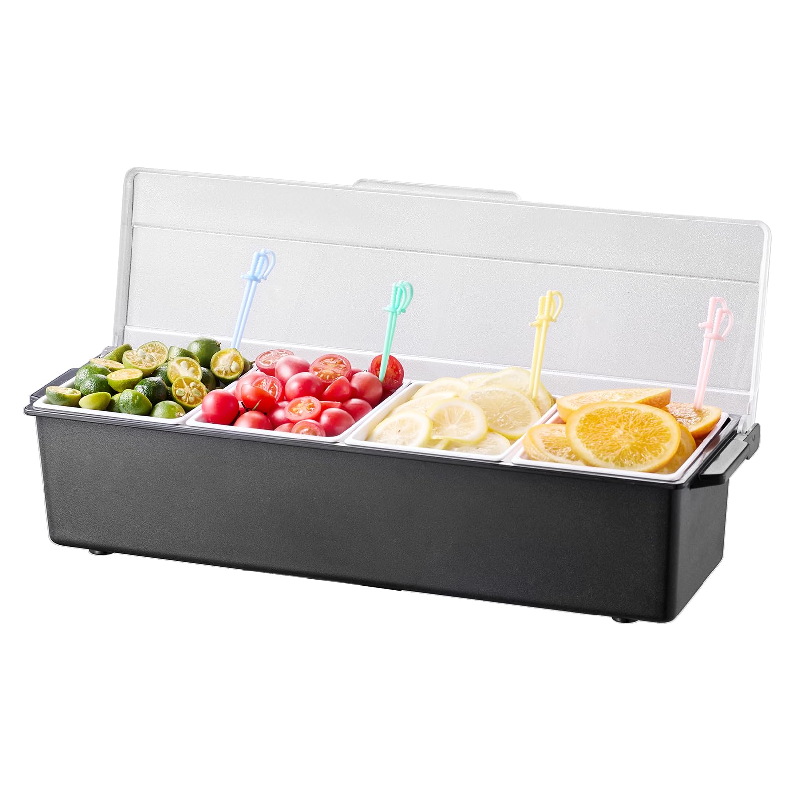 VEVOR Servidor de Condimentos Refrigerado, con 4 Compartimentos, Tapa para Guarniciones Refrigeradas, para Servir Ensaladas, Frutas, Suministros para el Hogar y Restaurantes, 503 x 165 x 117 mm