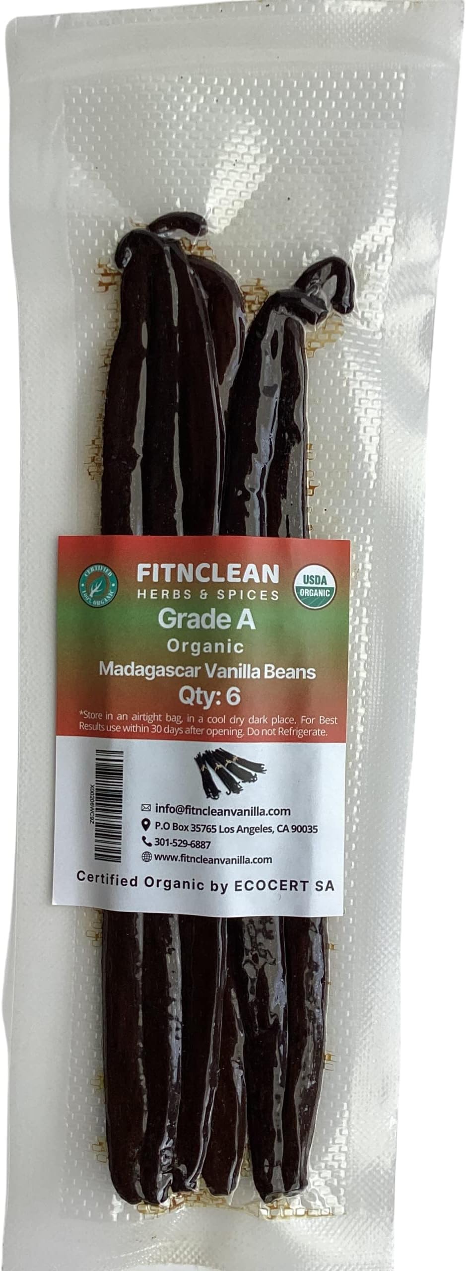FITNCLEAN HERBS AND SPICES 6 Organic Vanilla Beans Madagascar Grade A for Extract, Cooking Baking by VANILLA| Certified USDA Organic. 6-7.5 Bourbon Fresh Gourmet NON-GMO Whole Pods.