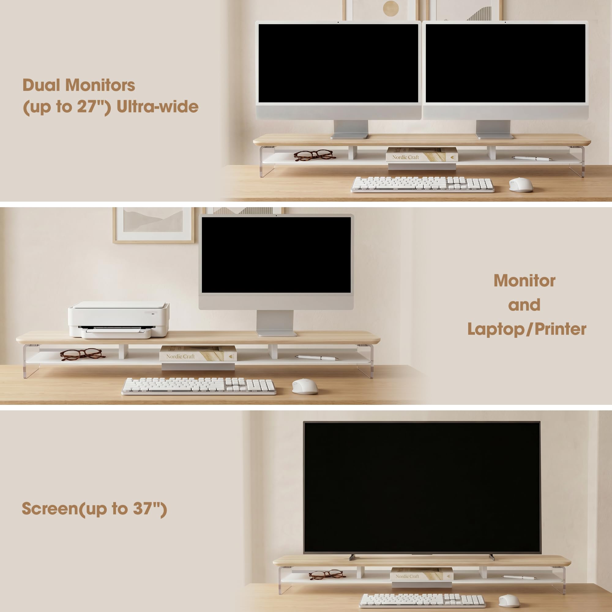 Fenge Support Écran PC Acrylique, Réhausseur Écran PC Bureau Bois et Métal, Adapté aux Ordinateurs, Écrans, TV, Ordinateurs, Imprimantes (Chêne, 108cm)