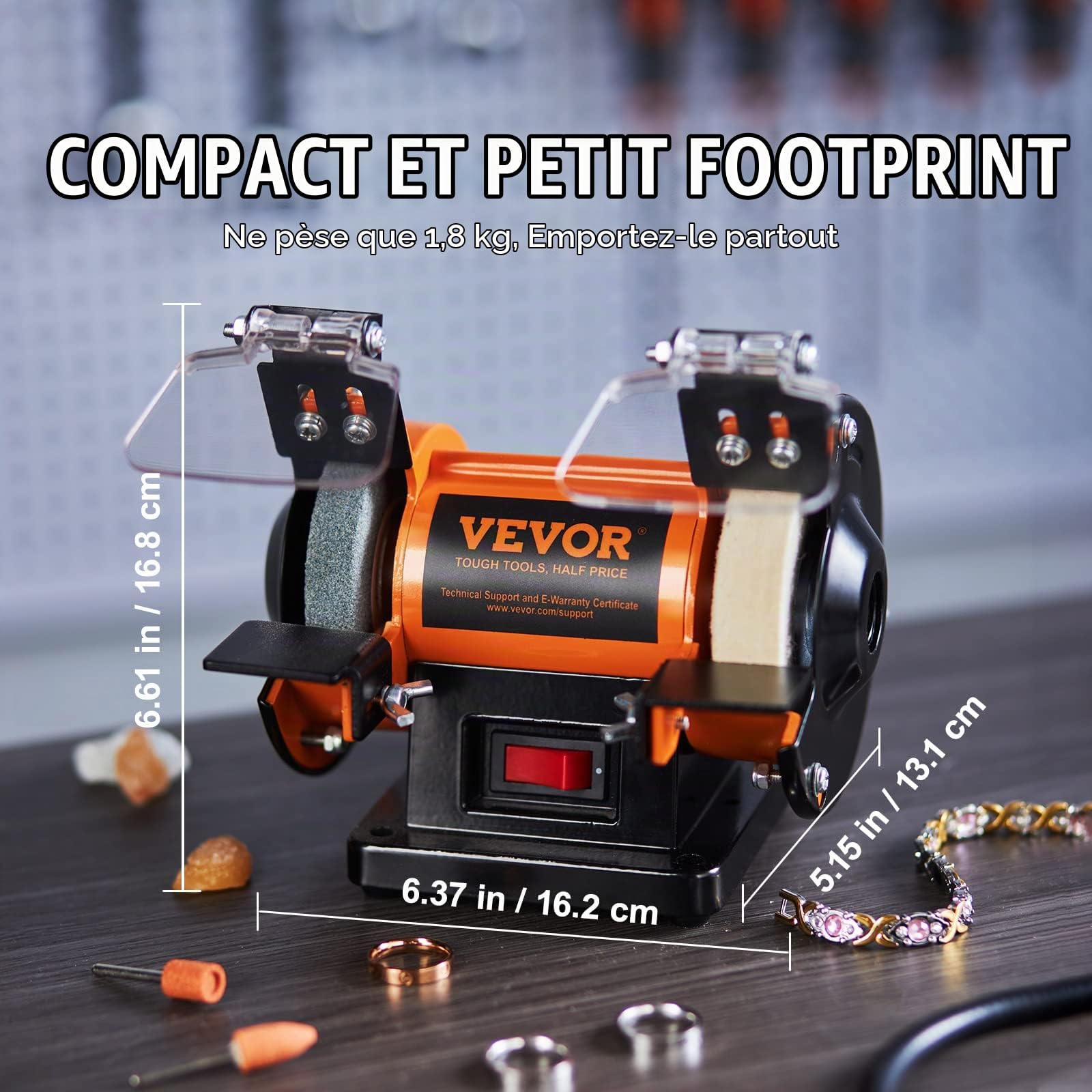 VEVOR Touret à Meuler 50 W Moteur sans Balais Polisseuse d’Établi 2980 tr/min avec 3 Meules 100+ Accessoires Machine de Polissage Fin et Grossier Meulage Élimination de la Rouille des Métaux Bijoux | Pour métal/bijoux/bois/jade/plastique/argent DIY, avec