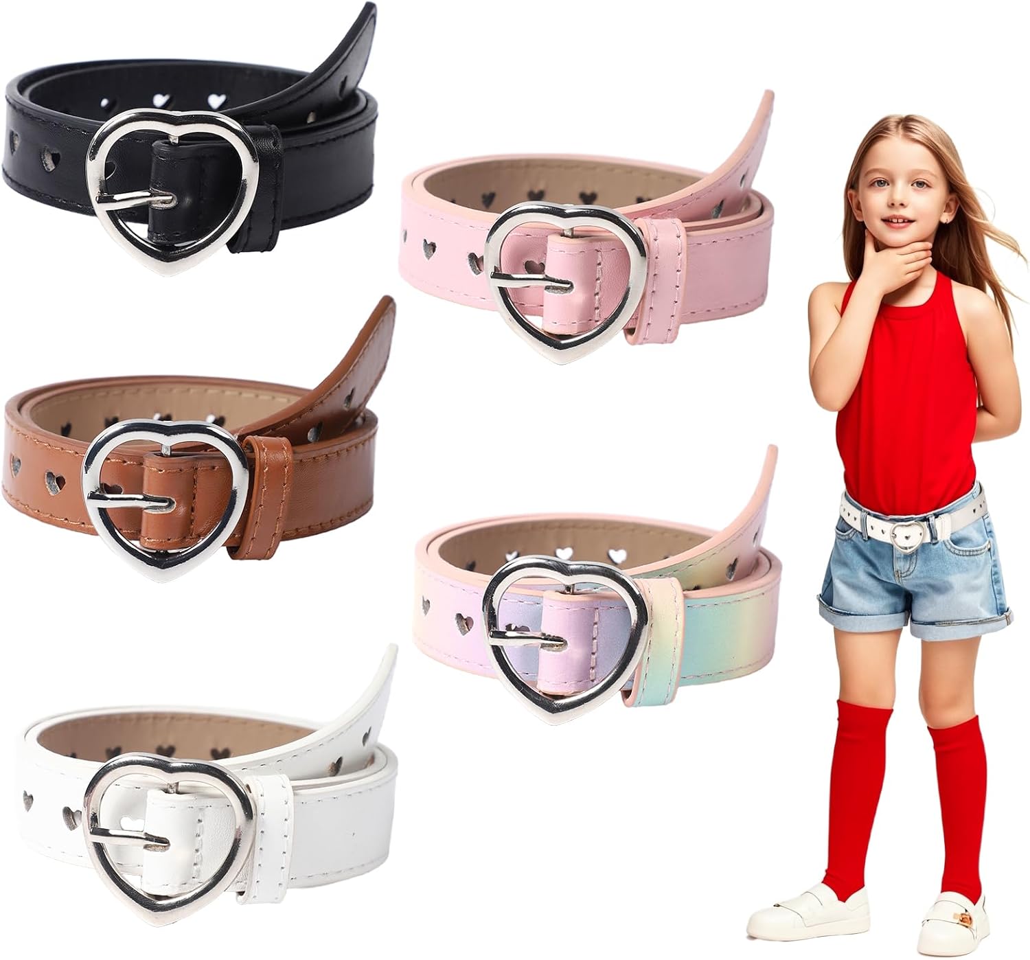 OZIO 5 Pcs Girls Belt Cute Heart Shape With Metal Buckle Elastic Stretch Adjustable Waist Belt for Girl Dress Pants Jeans