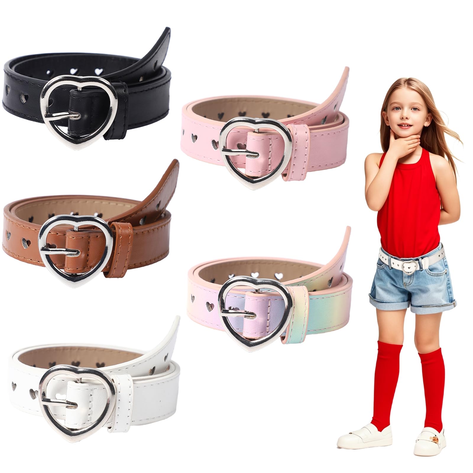 OZIO 5 Pcs Girls Belt Cute Heart Shape With Metal Buckle Elastic Stretch Adjustable Waist Belt for Girl Dress Pants Jeans