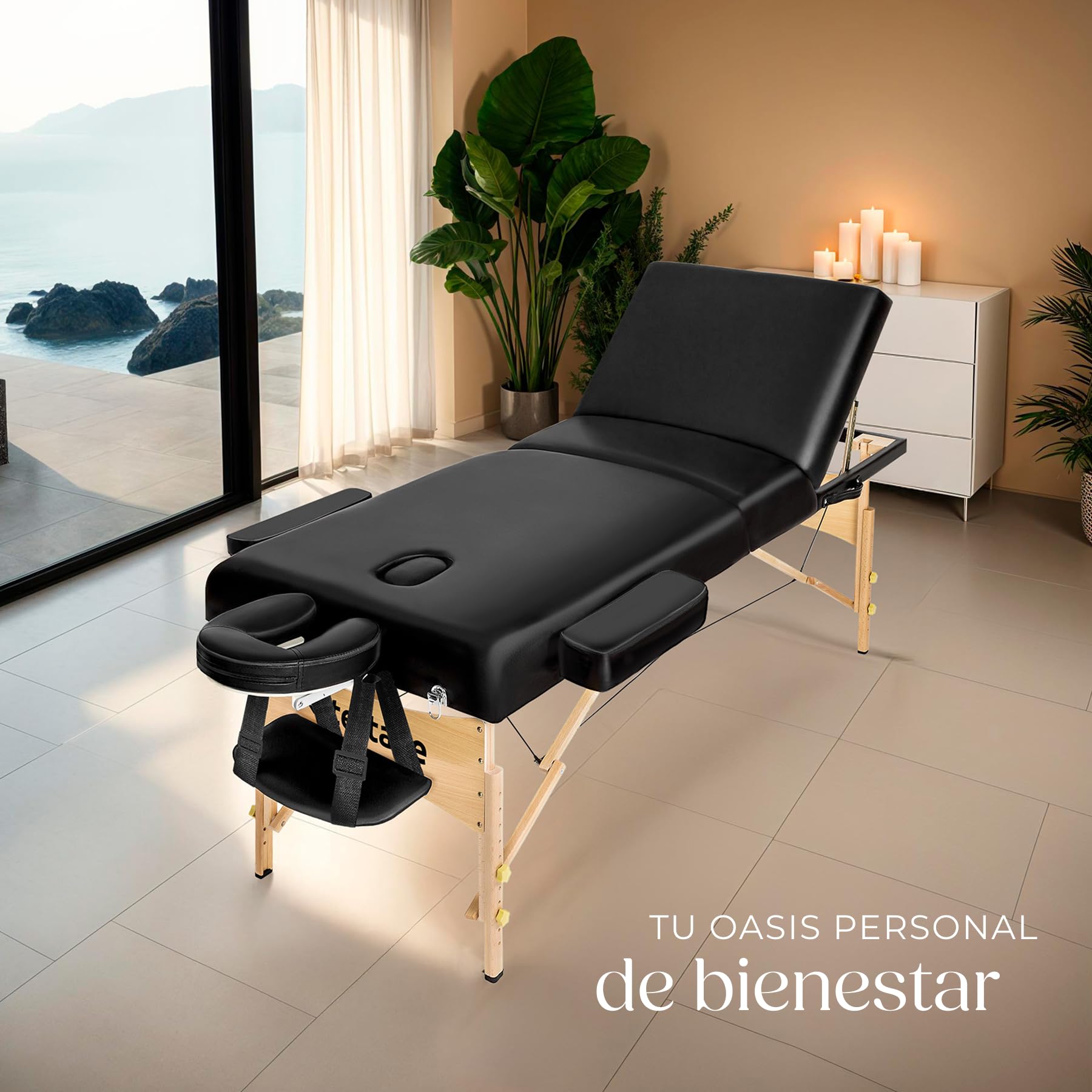 tectake® Camilla Masaje Plegable de Madera, Camilla Profesional para Fisioterapia, Quiromasaje, Tatoos, Reiki, con Taburete, Cojines y Bolsa Transporte - Negro