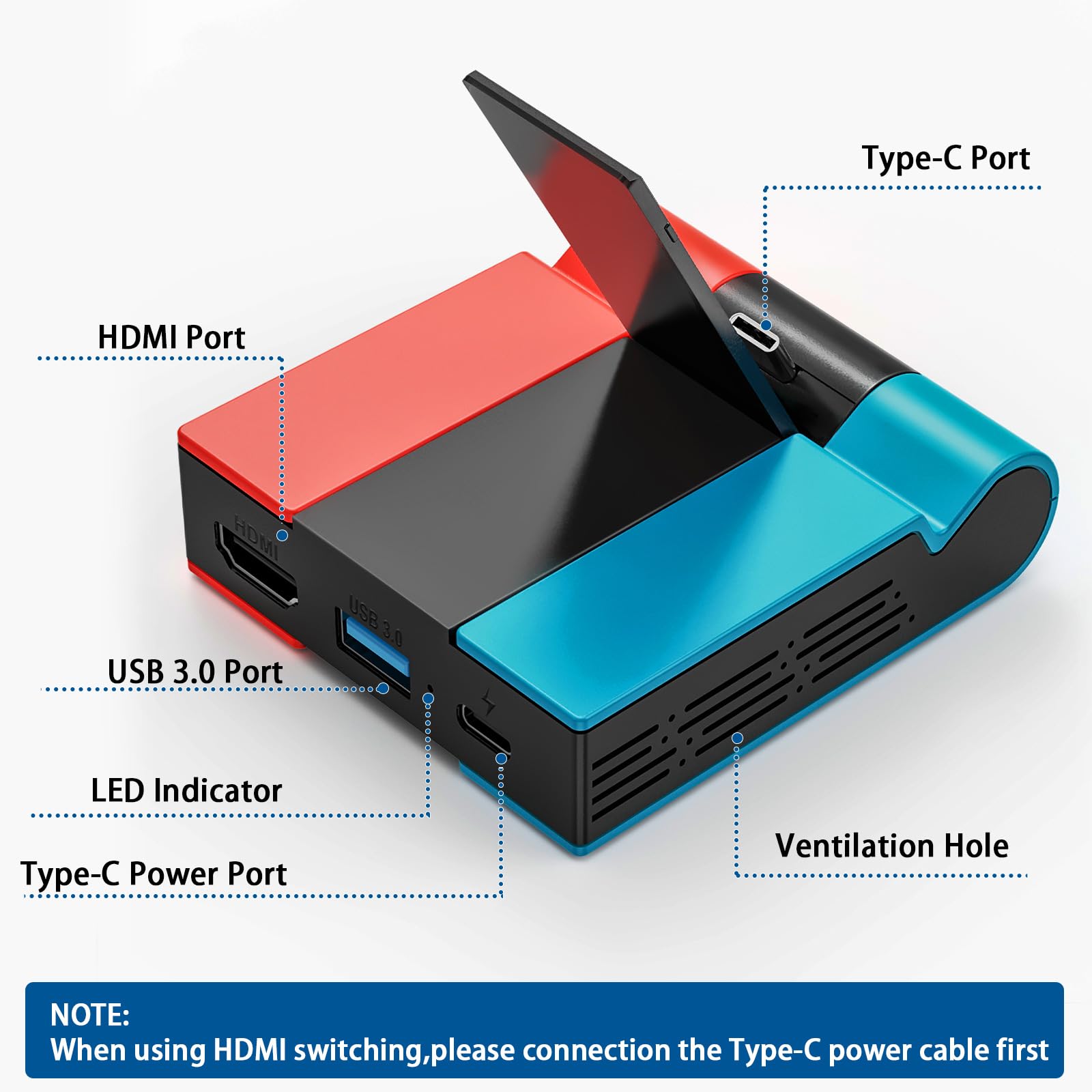 Tendak - Estación de Carga Plegable para Nintendo Switch/Switch OLED, Tipo C Switch Carga Base con Adaptador HDMI y Puerto USB 3.0