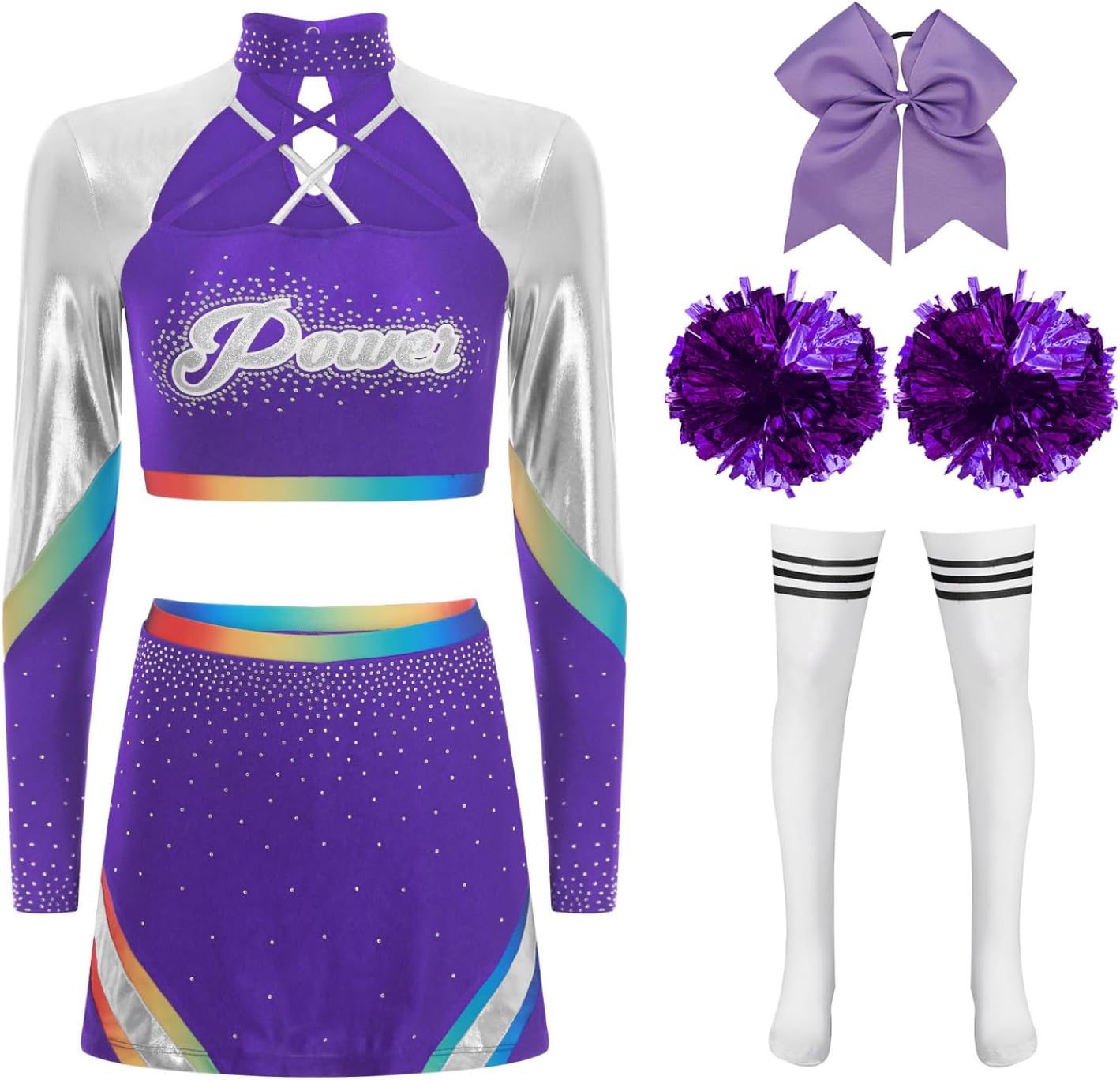 Women's Cheerleading Dancewear Uniform Long Sleeve Mock Neck Crop Top Rhinestone Skirt Set