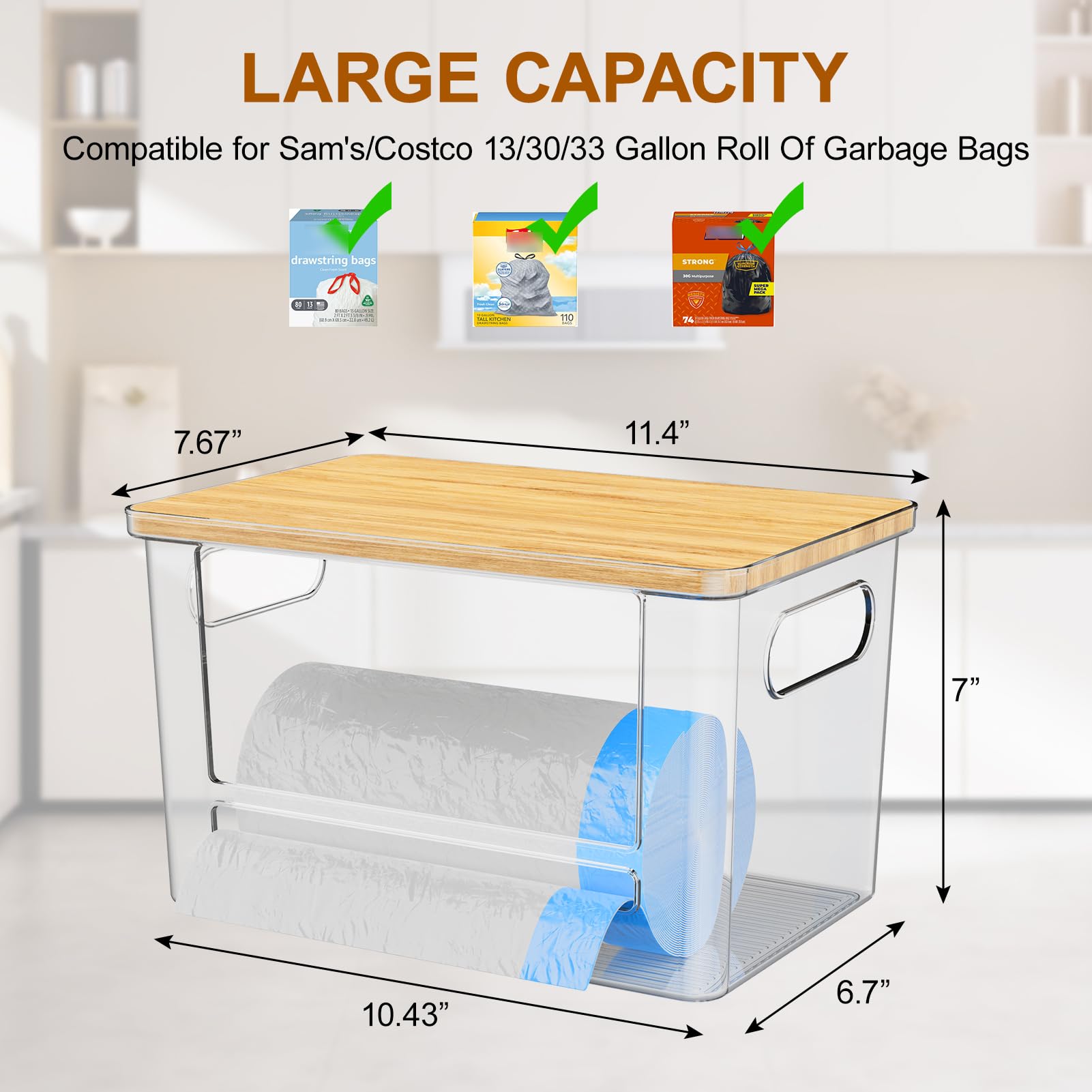 Riian Dispensador de bolsas de basura, soporte para bolsas de basura, soporte apilable para bolsas de basura con parte superior de bambú, contenedor de almacenamiento acrílico para debajo del