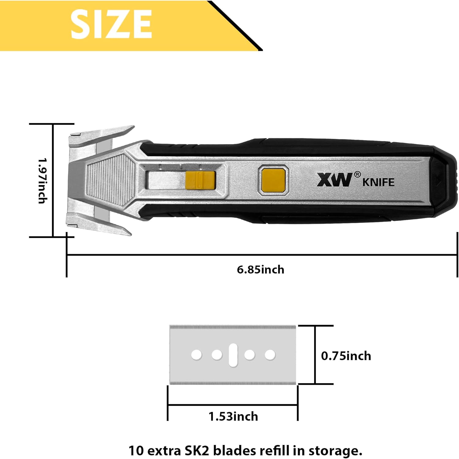 XW Heavy Duty Scraper Utility Knife with Safety Box Cutter, 2-in-1 Tool with 10 Spare SK2 Blades in Storage