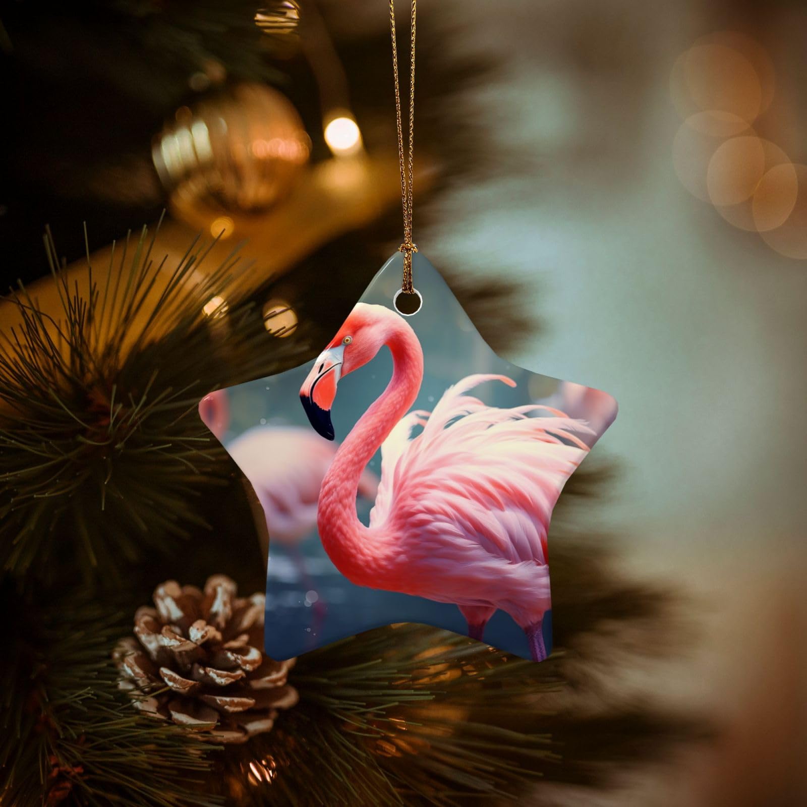 Christmas Tree Ornaments Ceramics Christmas Decorations Pink Flamingo Ornaments with Gold Ribbon Porcelain Xmas Tree Crafts Star Shape Hanging Pendant for Christmas Tree Party Decor