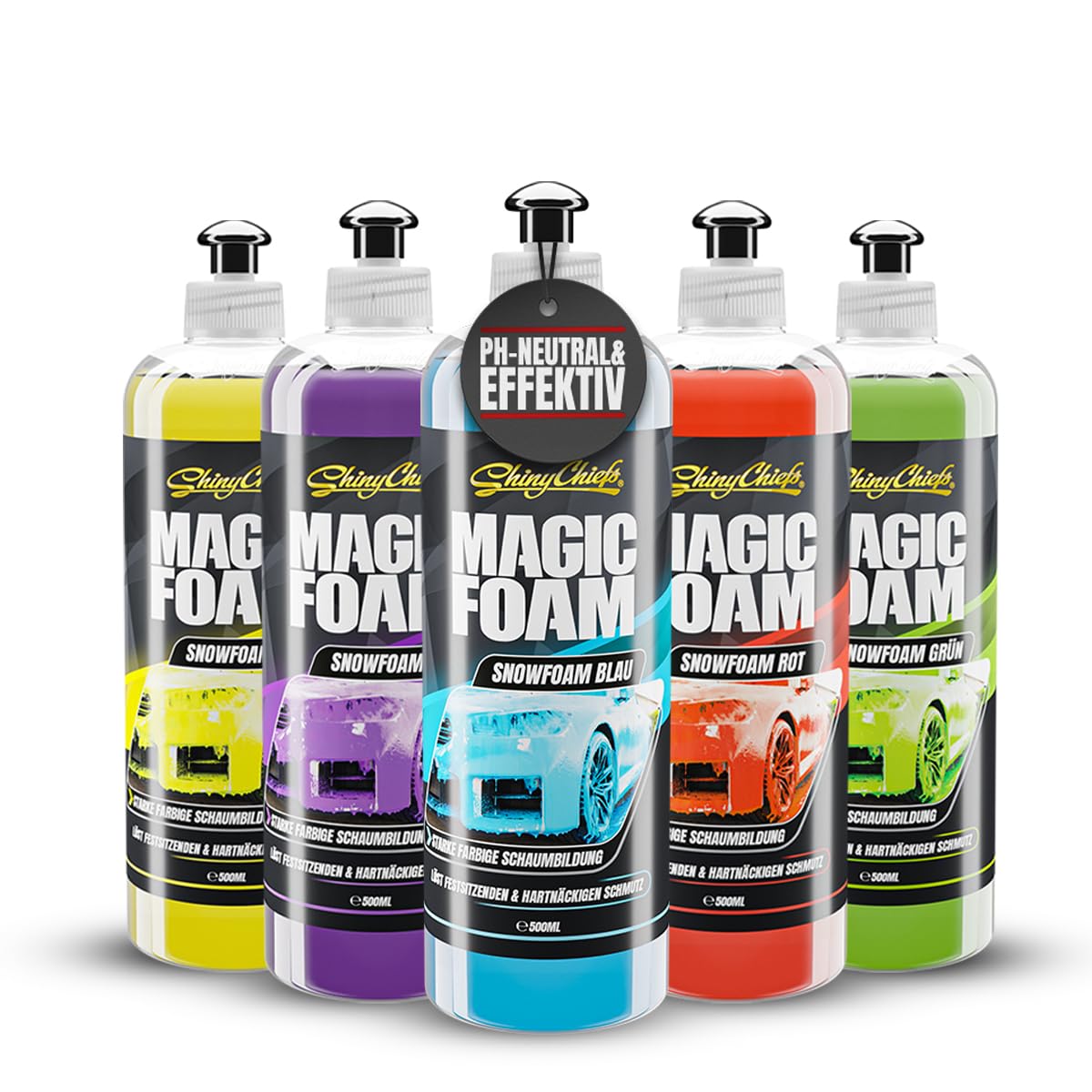 ShinyChiefs MAGIC FOAM SET - Farbiges Autoshampoo zur intensiven Vorwäsche | Auto Schaum mit starker Reinigungskraft - Lackschonender Schaumreiniger, pH-neutral mit tollem Duft, 5x 500ml